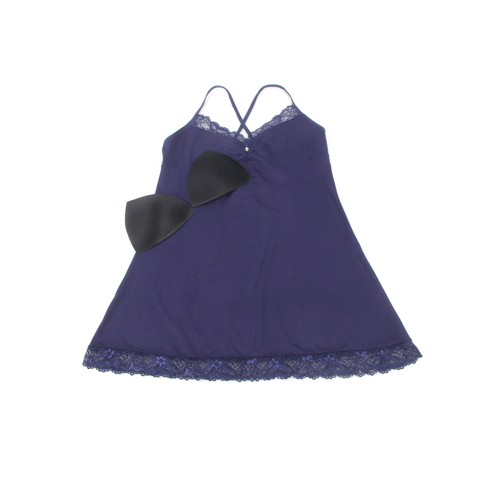Navy Modal Lace A - Line Nightgown – Rhinestone Ruffle, Crossover Back & Removable Pads - TeaseFashion