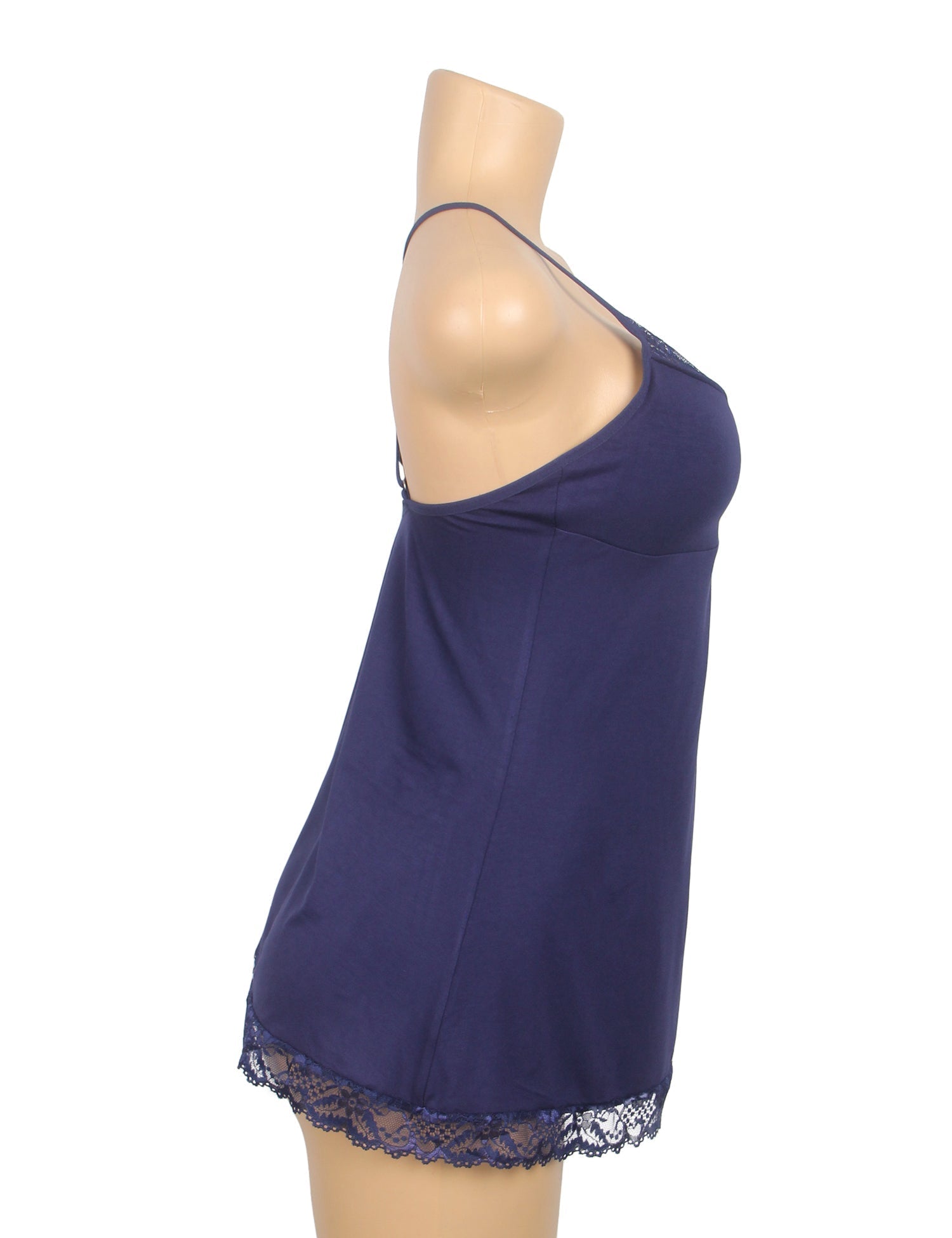 Navy Modal Lace A - Line Nightgown – Rhinestone Ruffle, Crossover Back & Removable Pads - TeaseFashion