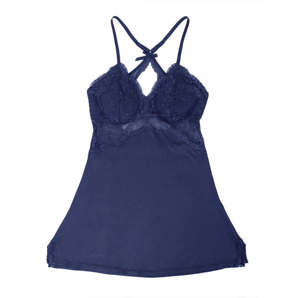 Navy Modal Lace Backless Nightdress – Hollow Lace Panels, A - Line Hem & Removable Pads - TeaseFashion
