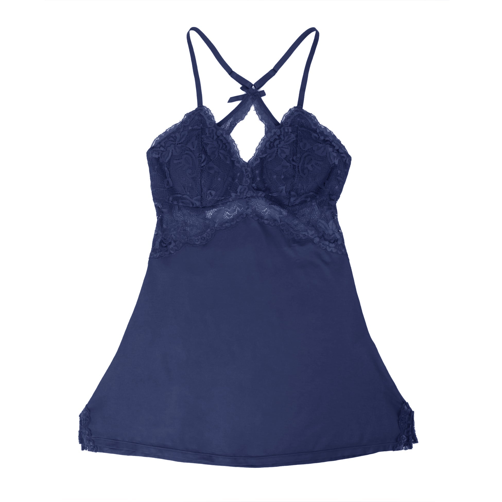 Navy Modal Lace Backless Nightdress – Hollow Lace Panels, A - Line Hem & Removable Pads - TeaseFashion