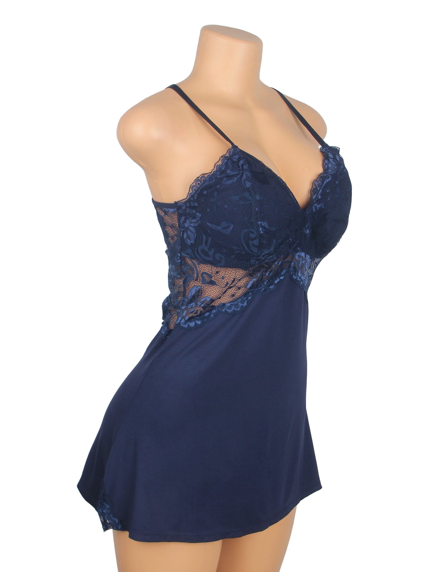 Navy Modal Lace Backless Nightdress – Hollow Lace Panels, A - Line Hem & Removable Pads - TeaseFashion