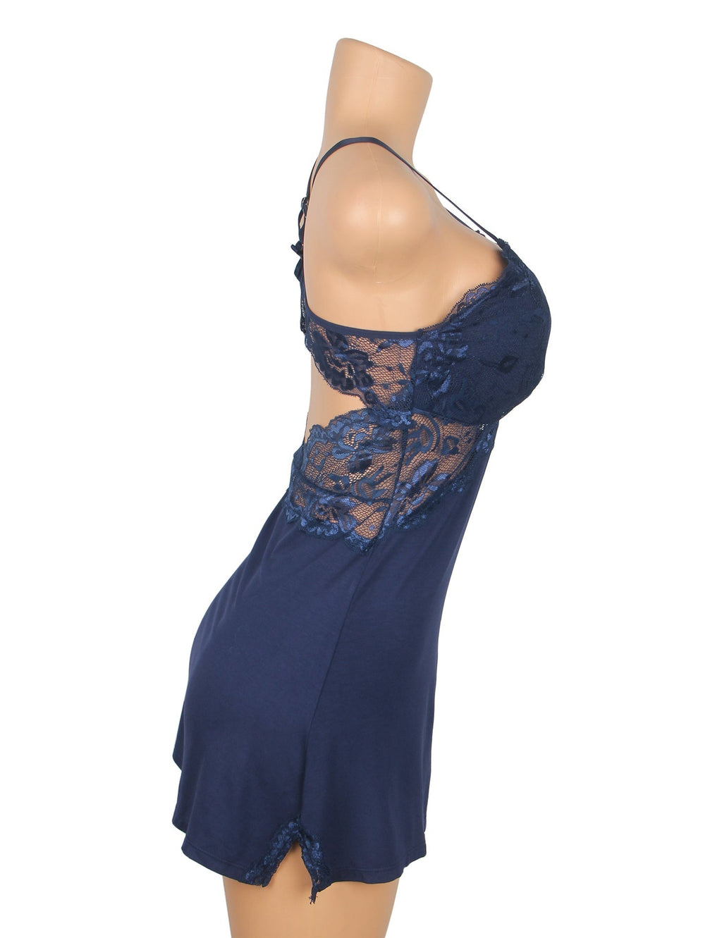 Navy Modal Lace Backless Nightdress – Hollow Lace Panels, A - Line Hem & Removable Pads - TeaseFashion