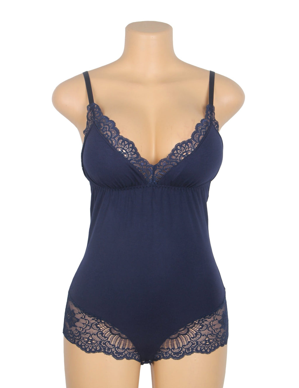 Navy Modal Lace Bodysuit – Open - Buckle Crotch, Hip & Chest Lace Splicing & Removable Pads - TeaseFashion