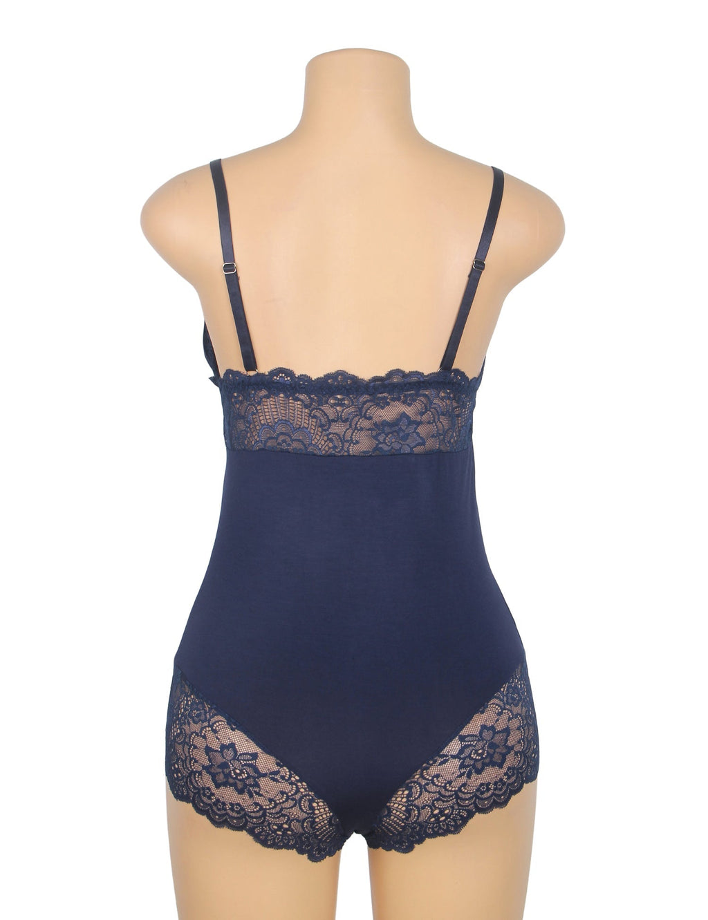 Navy Modal Lace Bodysuit – Open - Buckle Crotch, Hip & Chest Lace Splicing & Removable Pads - TeaseFashion