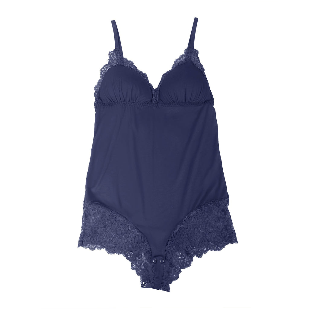 Navy Modal Lace Bodysuit – Open - Buckle Crotch, Hip & Chest Lace Splicing & Removable Pads - TeaseFashion
