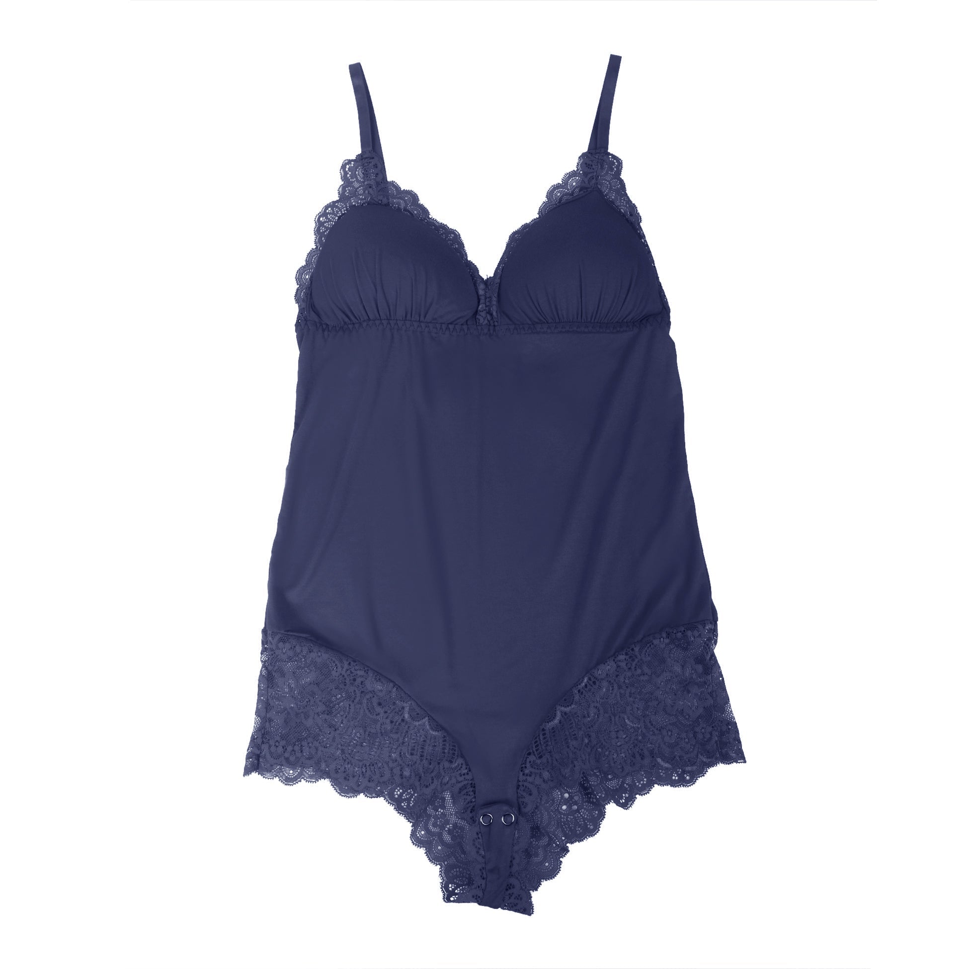 Navy Modal Lace Bodysuit – Open - Buckle Crotch, Hip & Chest Lace Splicing & Removable Pads - TeaseFashion