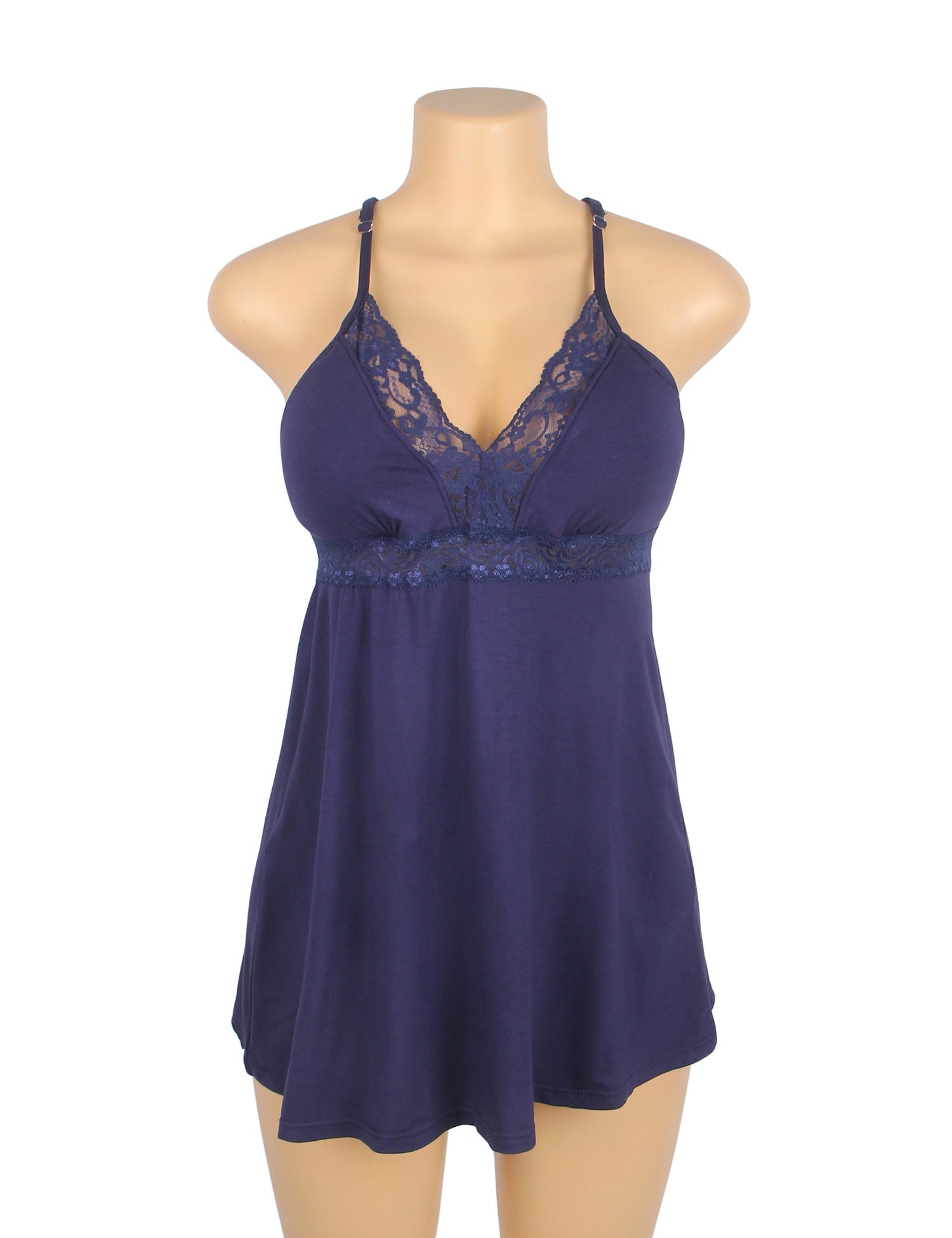 Navy Modal Lace Deep V - Neck Nightdress – Spliced Lace Waistband & Flared Skirt - TeaseFashion