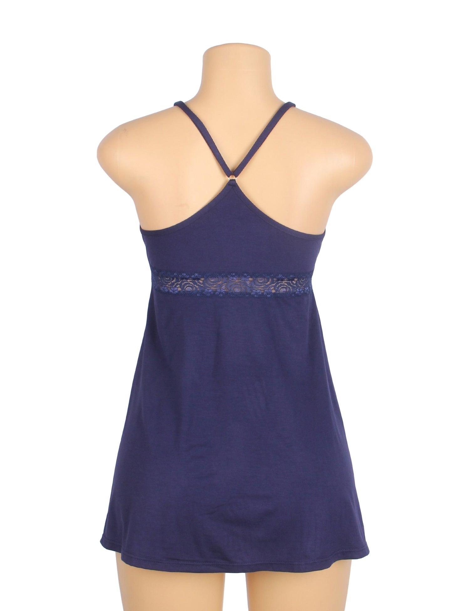 Navy Modal Lace Deep V - Neck Nightdress – Spliced Lace Waistband & Flared Skirt - TeaseFashion