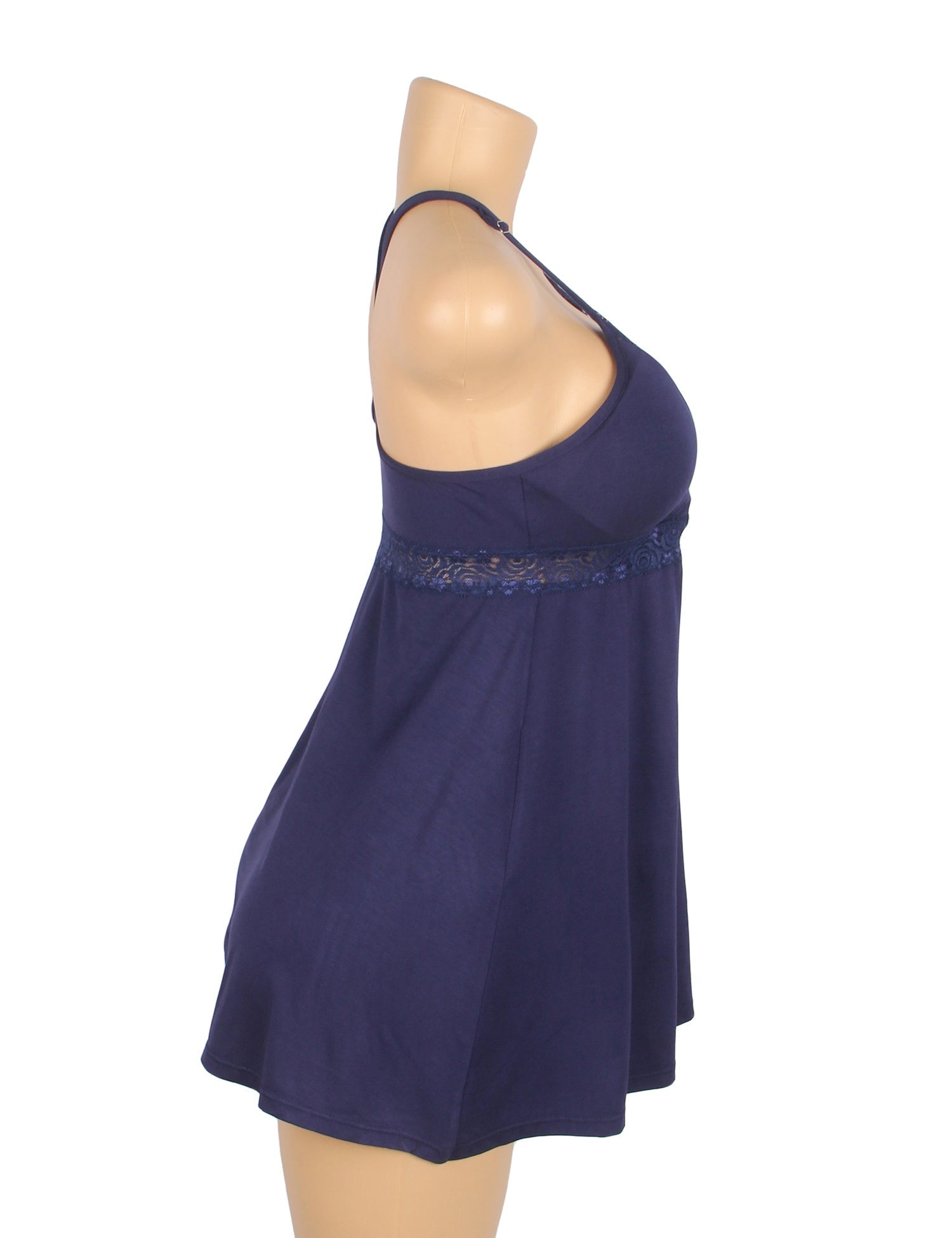 Navy Modal Lace Deep V - Neck Nightdress – Spliced Lace Waistband & Flared Skirt - TeaseFashion