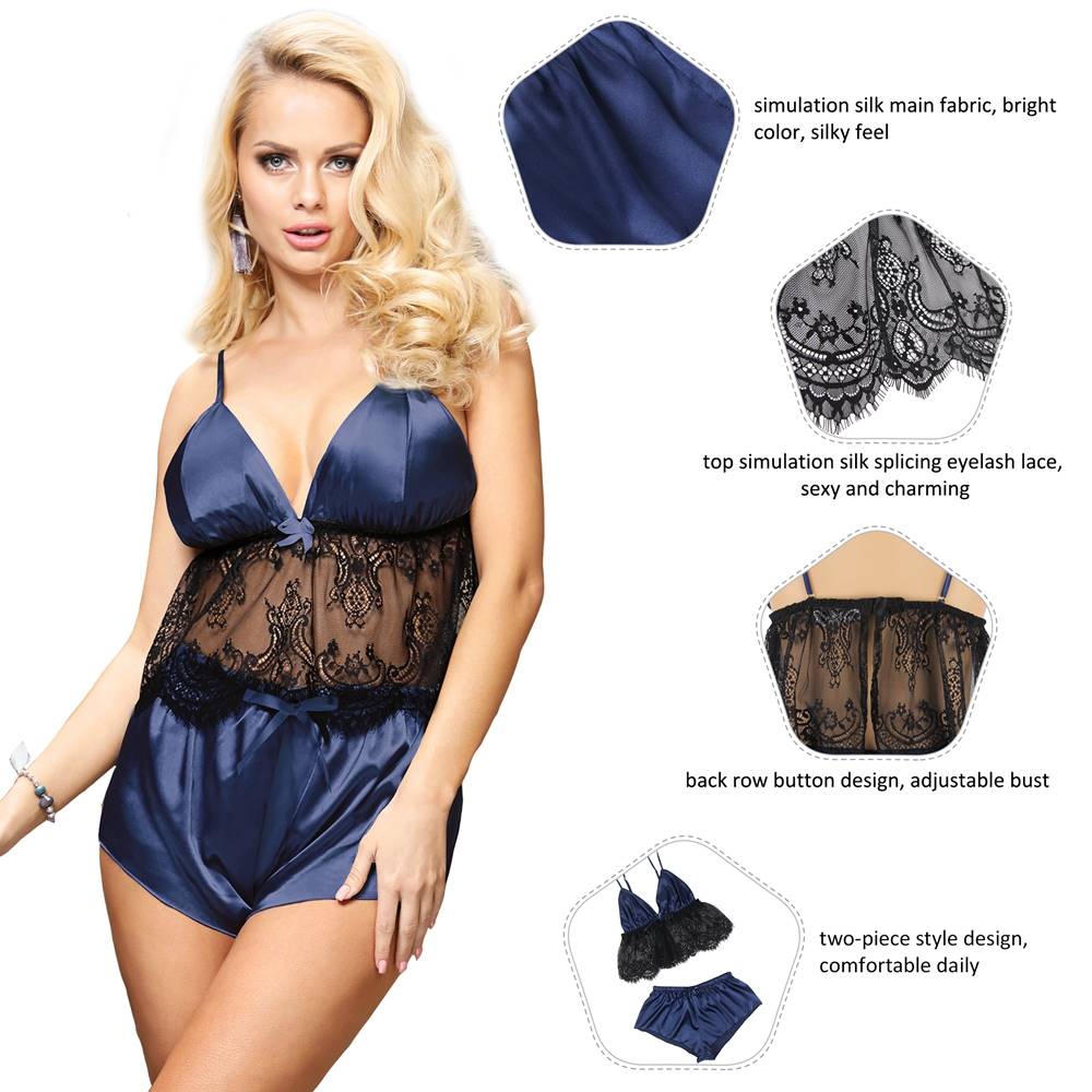 Navy Satin - Finish Lace - Trim Camisole Pyjama Set – Adjustable Straps with Button Back - TeaseFashion