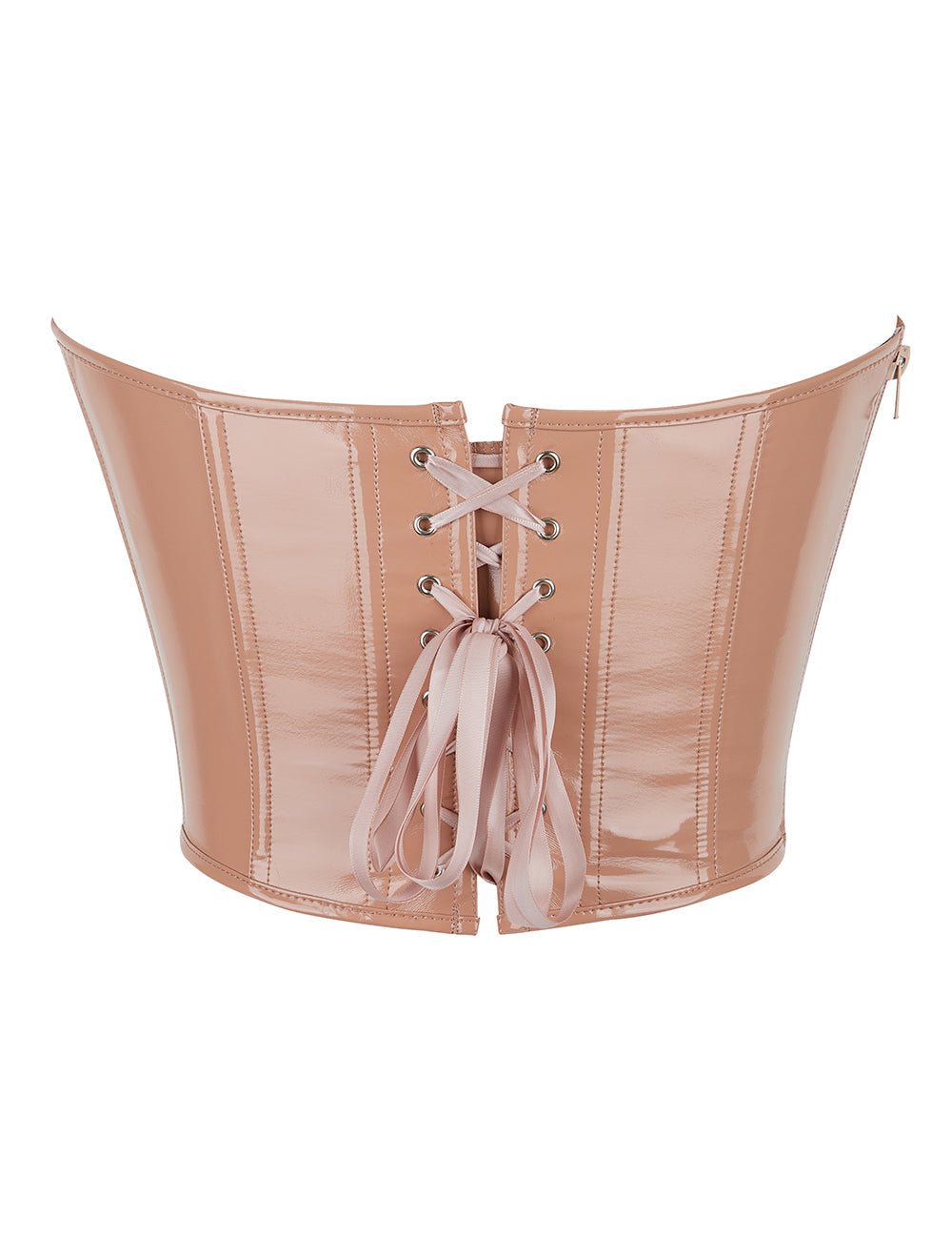 Nude Faux Leather Bodysuit – 12 Soft Bones, Side Zip & Cross - Back Strap - TeaseFashion