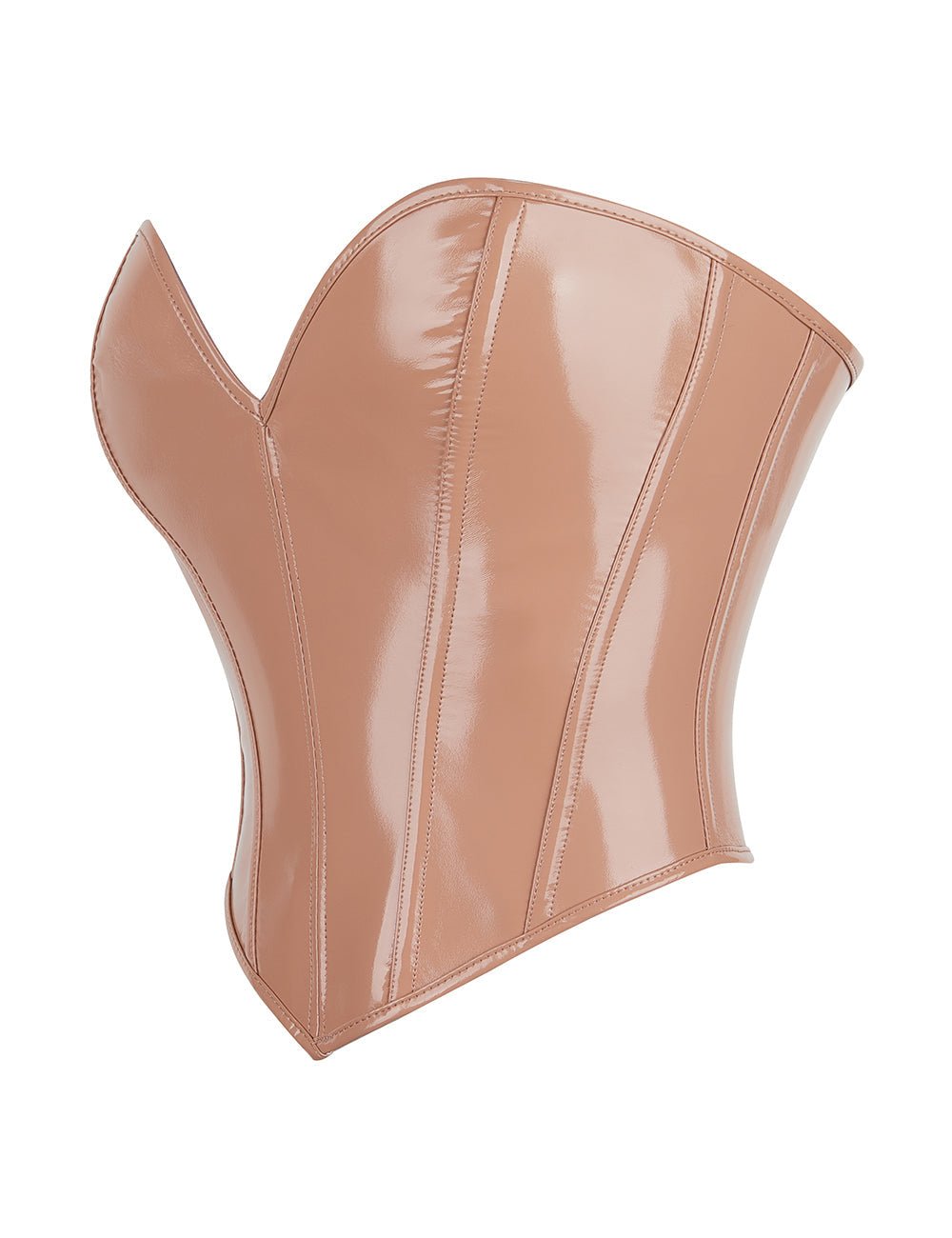 Nude Faux Leather Bodysuit – 12 Soft Bones, Side Zip & Cross - Back Strap - TeaseFashion