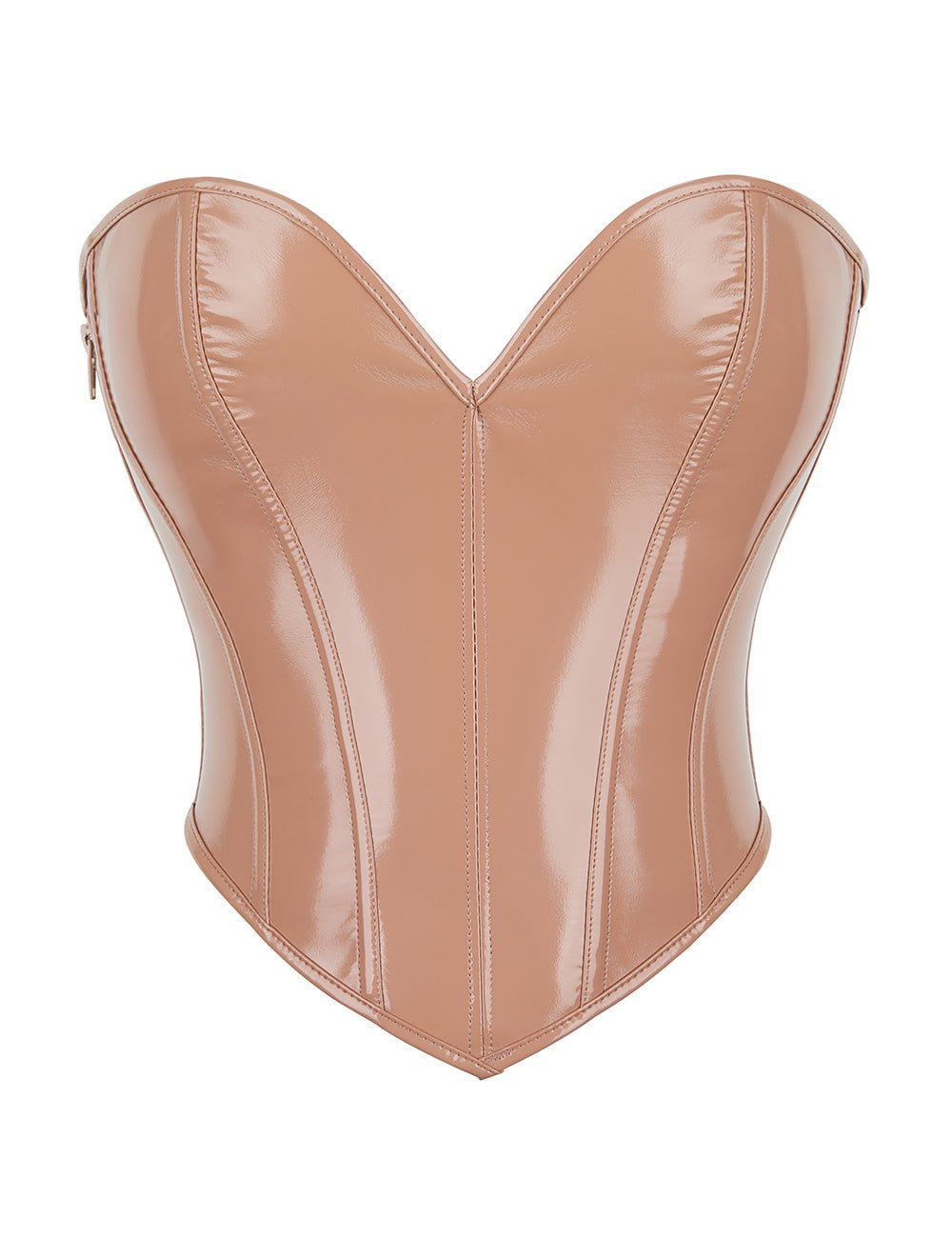 Nude Faux Leather Bodysuit – 12 Soft Bones, Side Zip & Cross - Back Strap - TeaseFashion