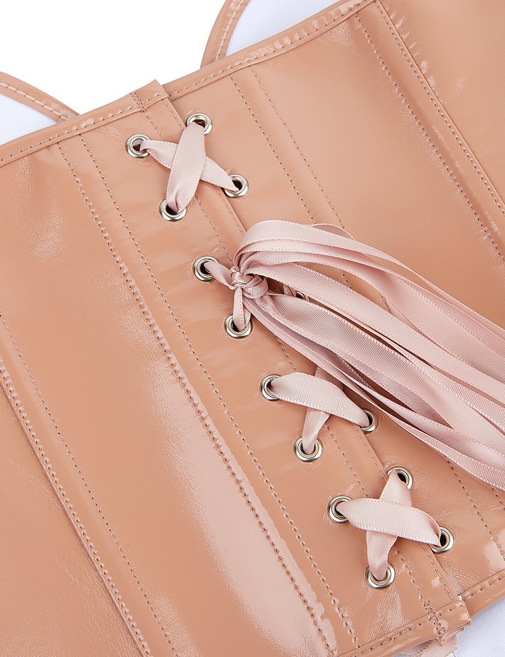 Nude Faux Leather Bodysuit – 12 Soft Bones, Side Zip & Cross - Back Strap - TeaseFashion