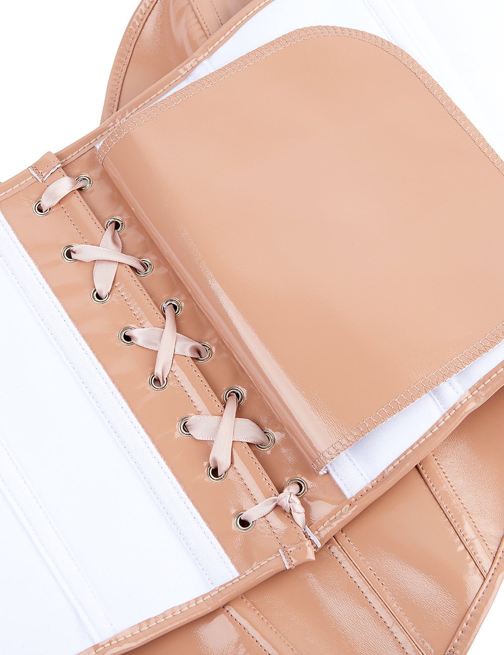 Nude Faux Leather Bodysuit – 12 Soft Bones, Side Zip & Cross - Back Strap - TeaseFashion