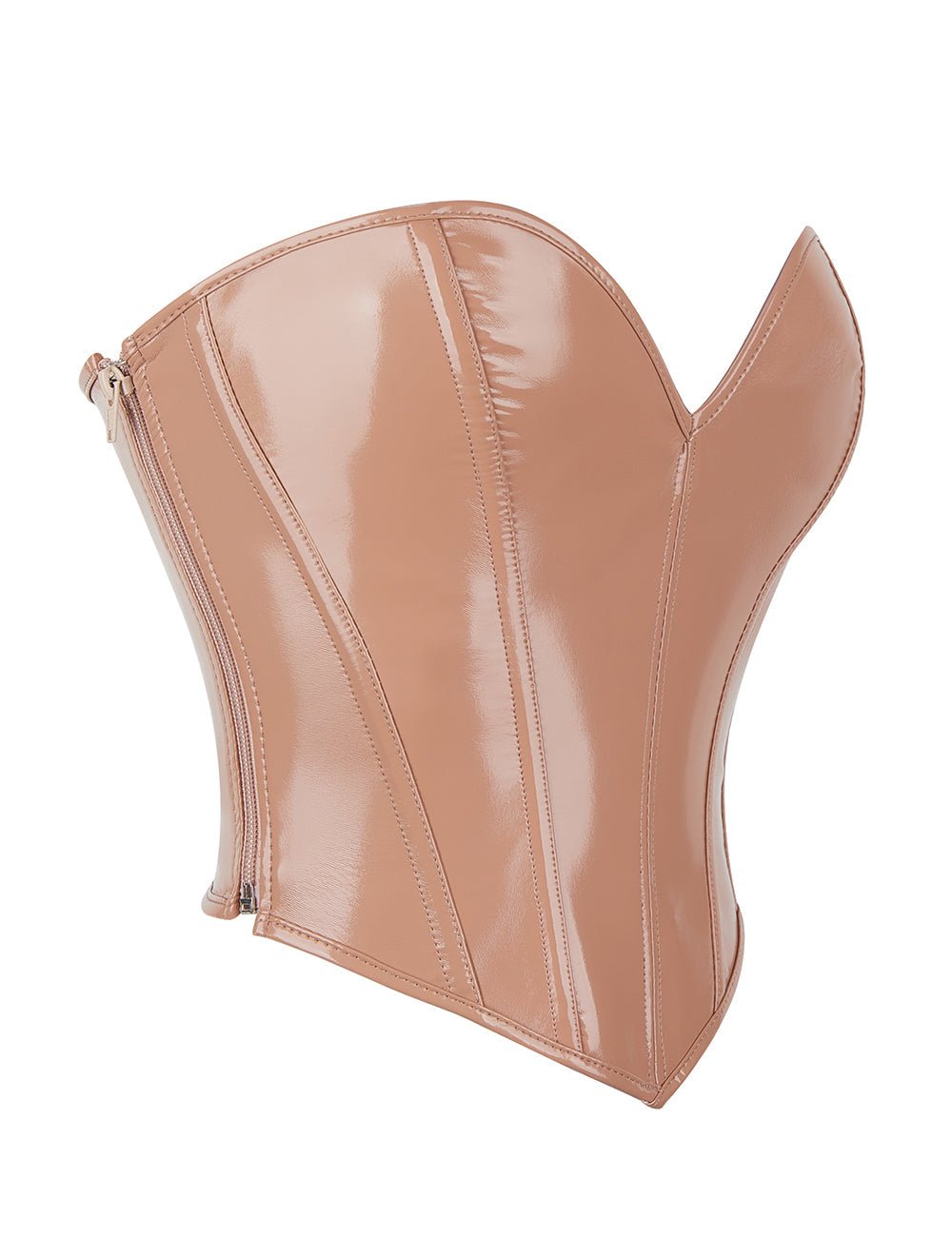 Nude Faux Leather Bodysuit – 12 Soft Bones, Side Zip & Cross - Back Strap - TeaseFashion