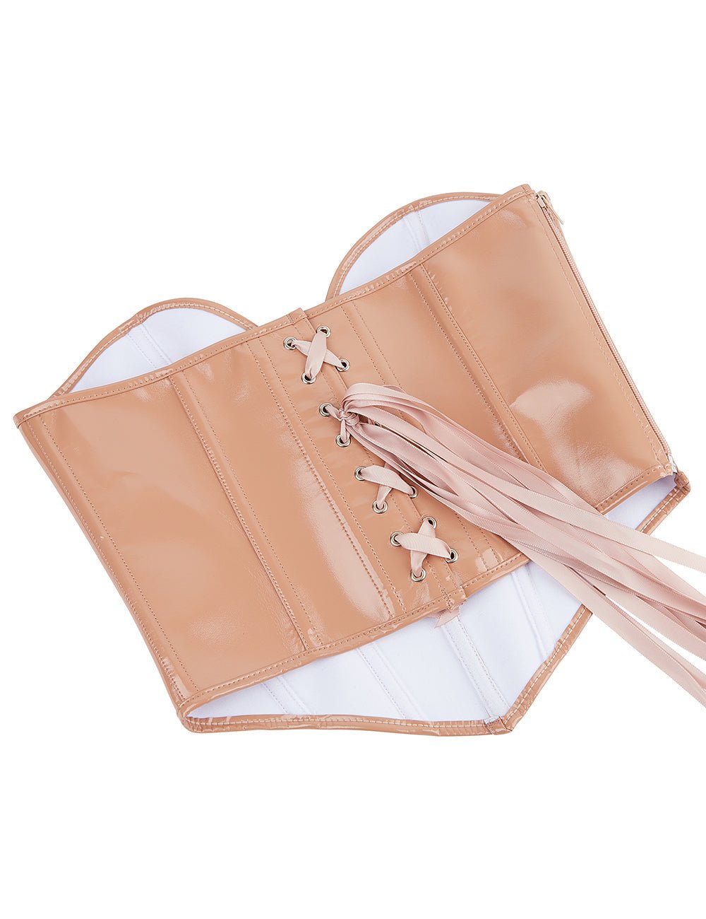 Nude Faux Leather Bodysuit – 12 Soft Bones, Side Zip & Cross - Back Strap - TeaseFashion