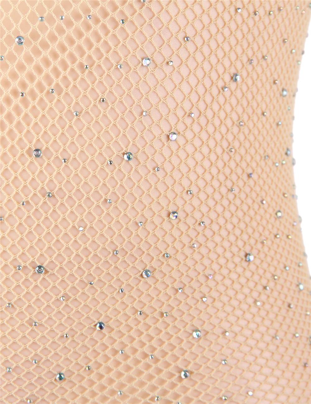 Nude Polyamide Fishnet Off - the - Shoulder Bodystocking – Rhinestone Mesh Embellishments - TeaseFashion