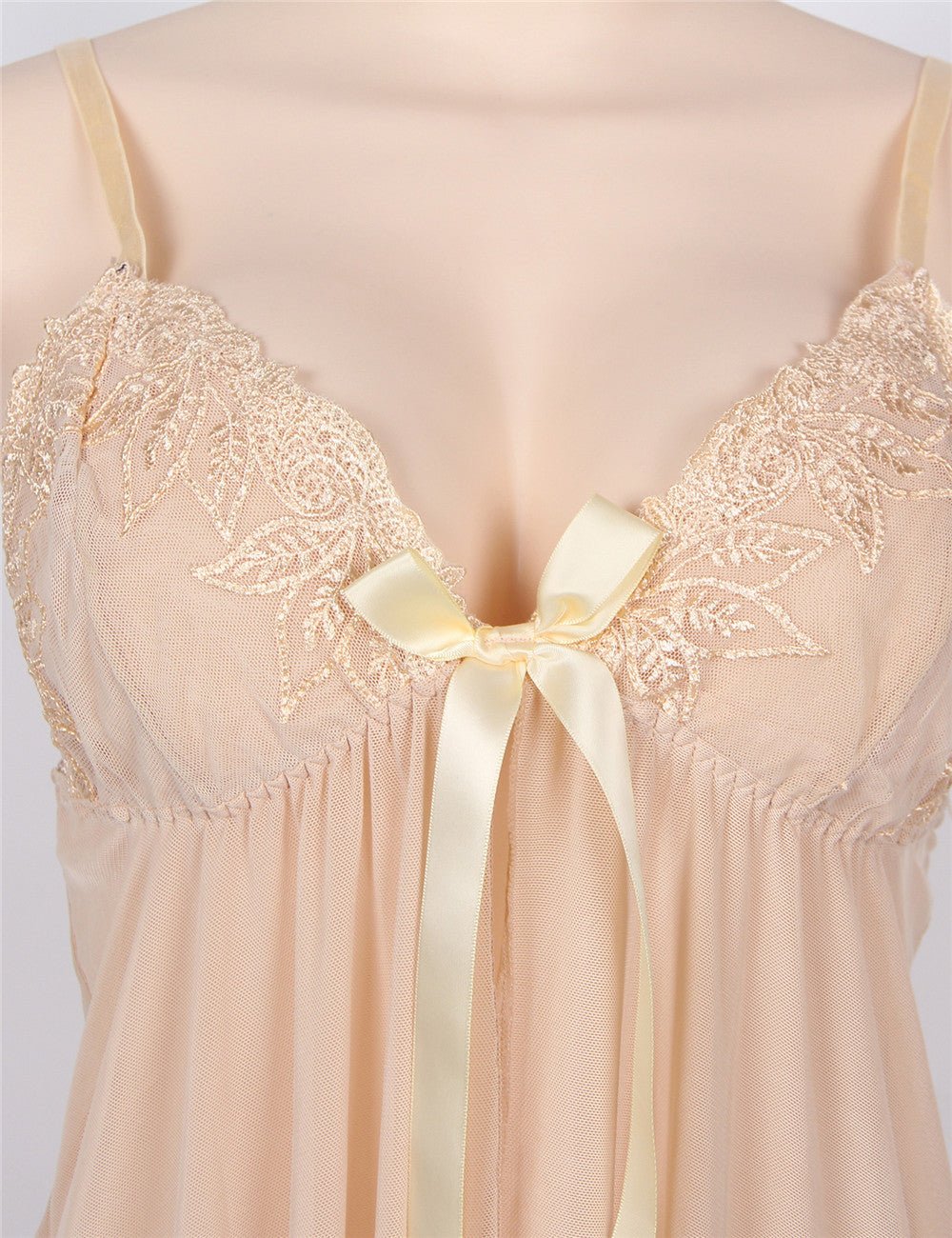Nude Sheer Mesh Babydoll – Deep V Neck, 3D Embroidery, Front Slit & Matching Thong - TeaseFashion
