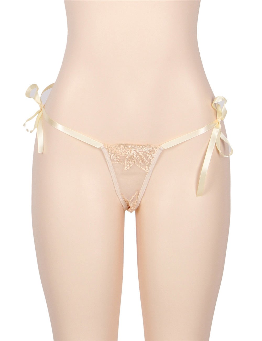 Nude Sheer Mesh Babydoll – Deep V Neck, 3D Embroidery, Front Slit & Matching Thong - TeaseFashion