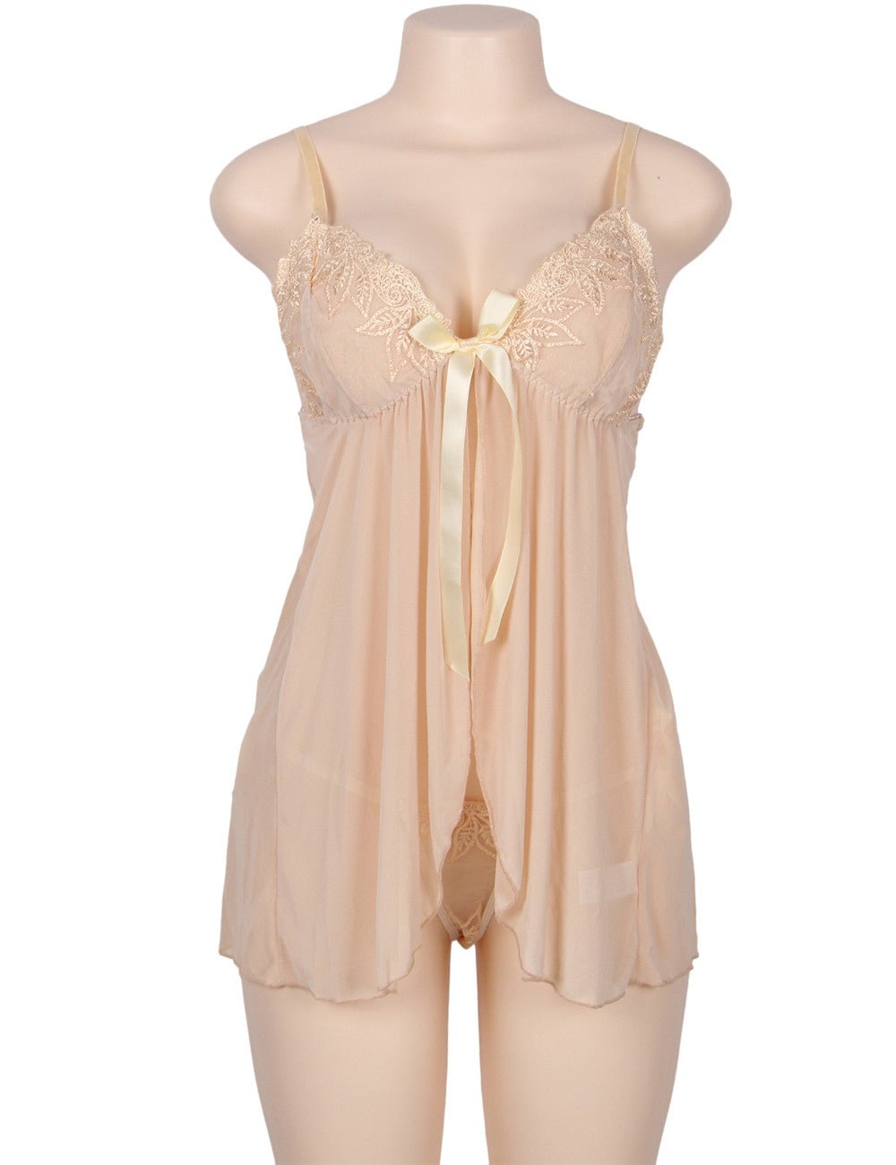 Nude Sheer Mesh Babydoll – Deep V Neck, 3D Embroidery, Front Slit & Matching Thong - TeaseFashion