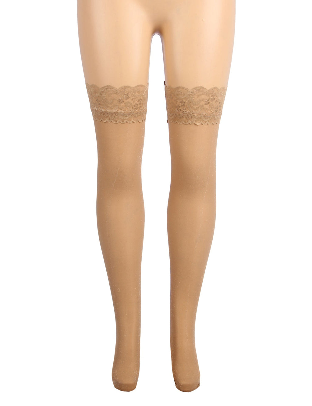 Nude Sparkle Thigh - High Stockings with Lace Trim & Silicone Band - TeaseFashion