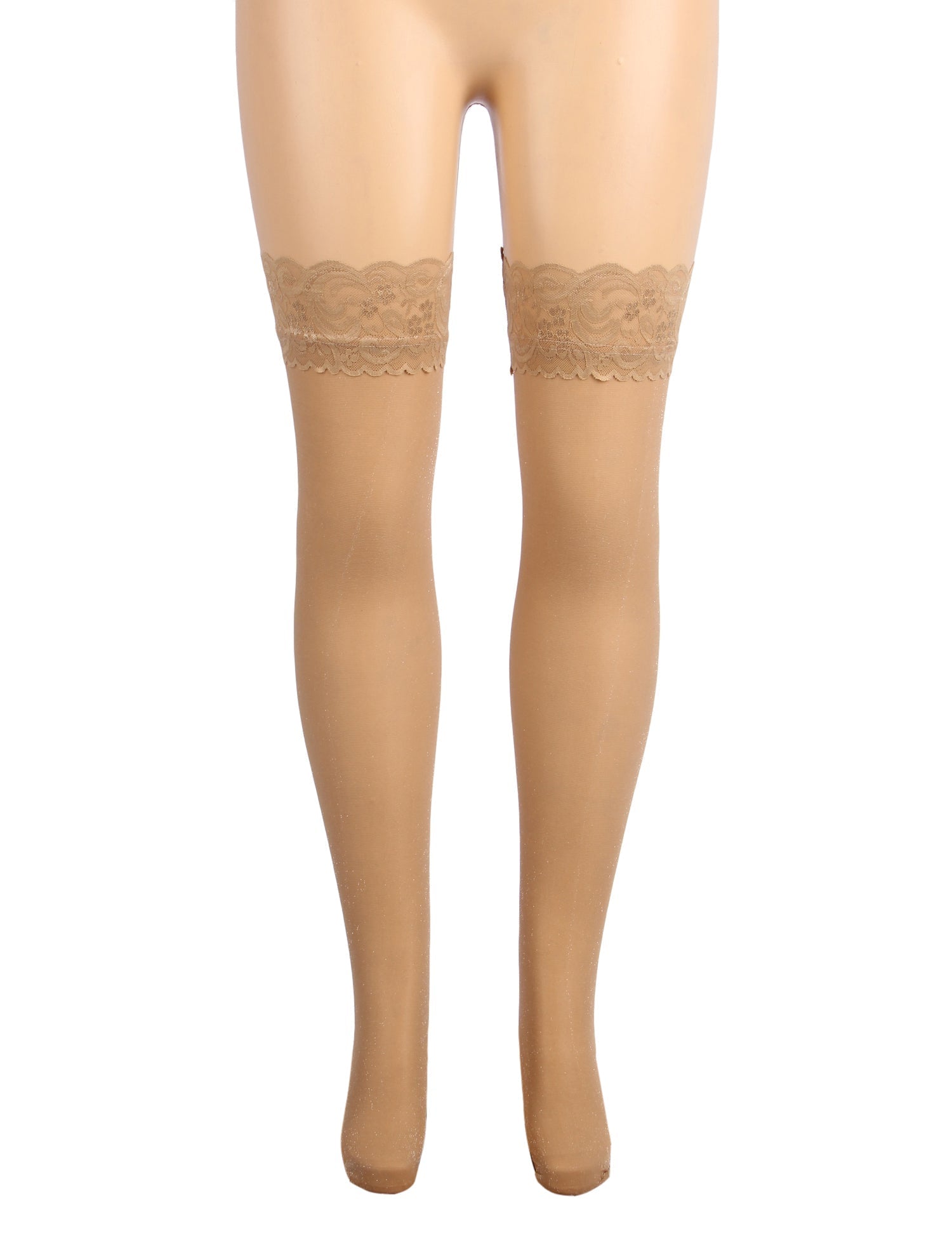 Nude Sparkle Thigh - High Stockings with Lace Trim & Silicone Band - TeaseFashion