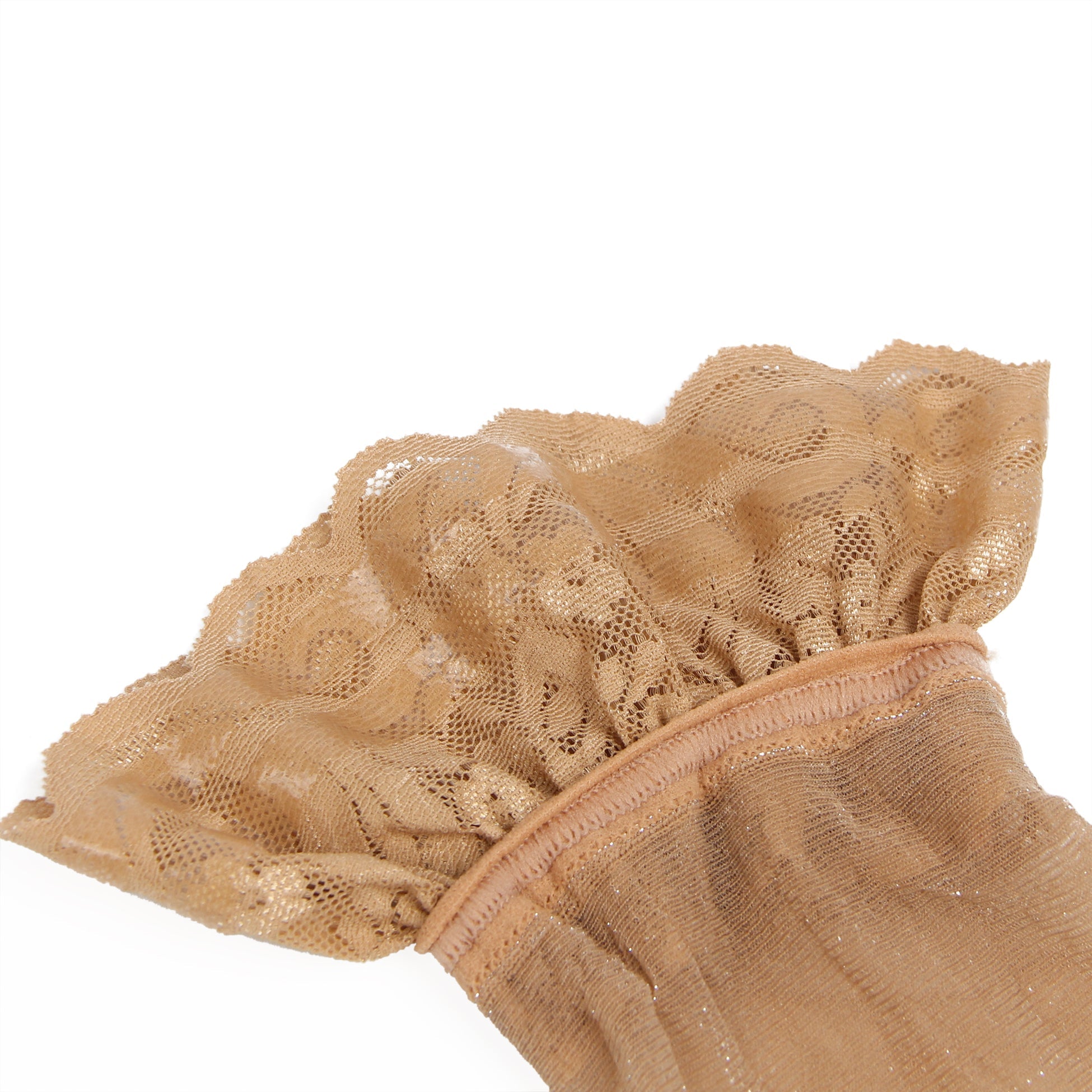 Nude Sparkle Thigh - High Stockings with Lace Trim & Silicone Band - TeaseFashion