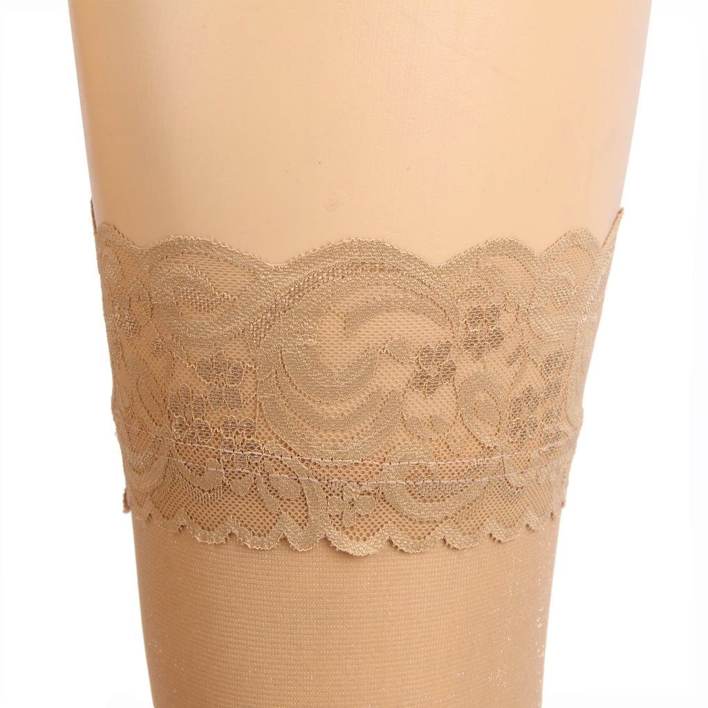 Nude Sparkle Thigh - High Stockings with Lace Trim & Silicone Band - TeaseFashion