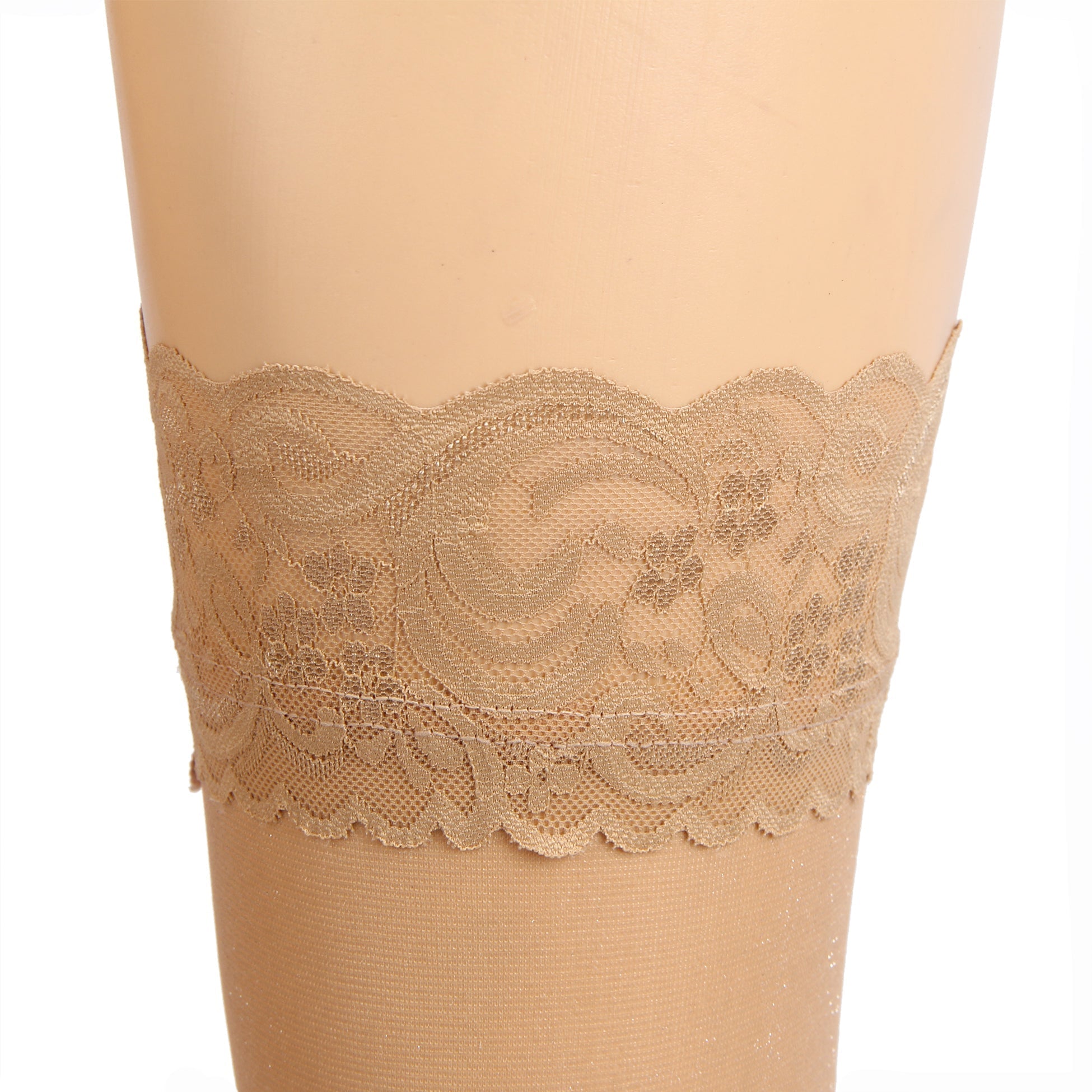 Nude Sparkle Thigh - High Stockings with Lace Trim & Silicone Band - TeaseFashion