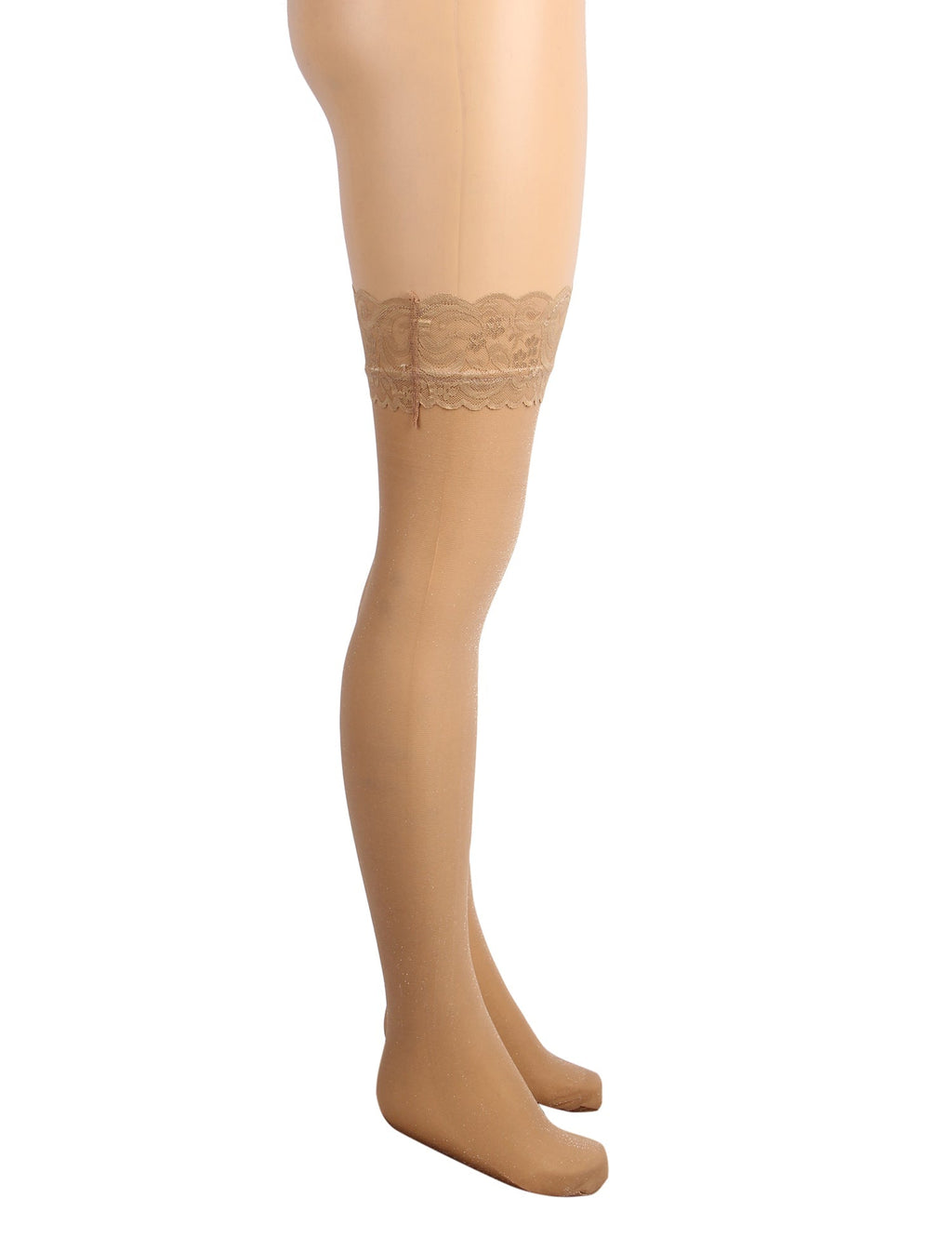 Nude Sparkle Thigh - High Stockings with Lace Trim & Silicone Band - TeaseFashion