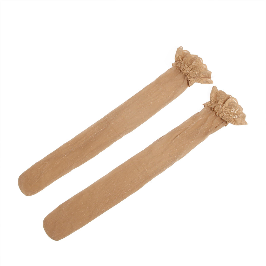 Nude Sparkle Thigh - High Stockings with Lace Trim & Silicone Band - TeaseFashion