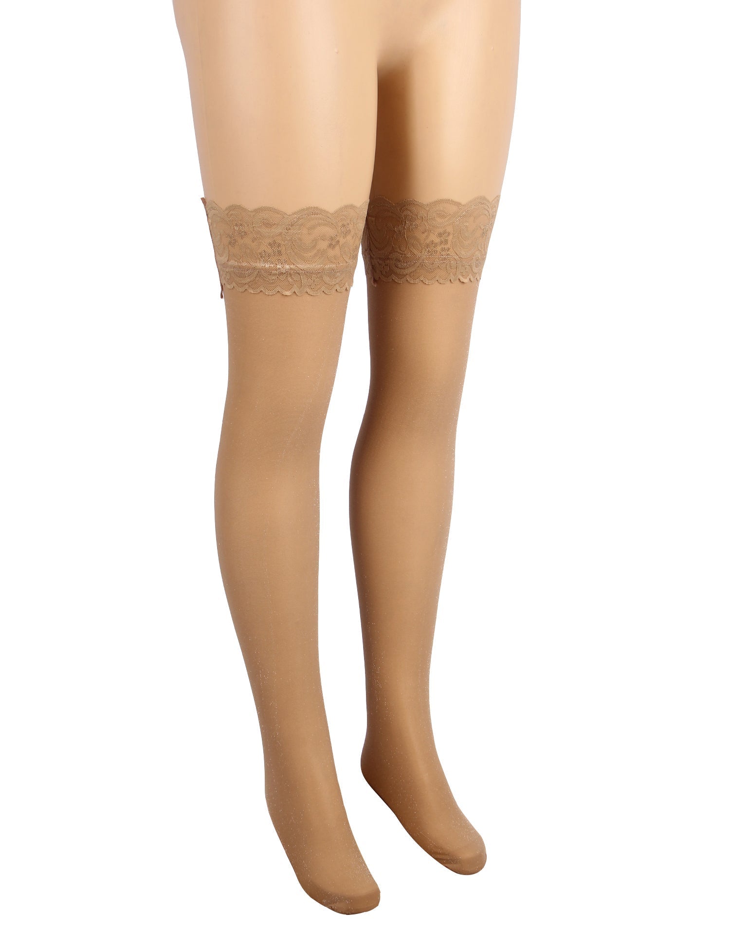Nude Sparkle Thigh - High Stockings with Lace Trim & Silicone Band - TeaseFashion