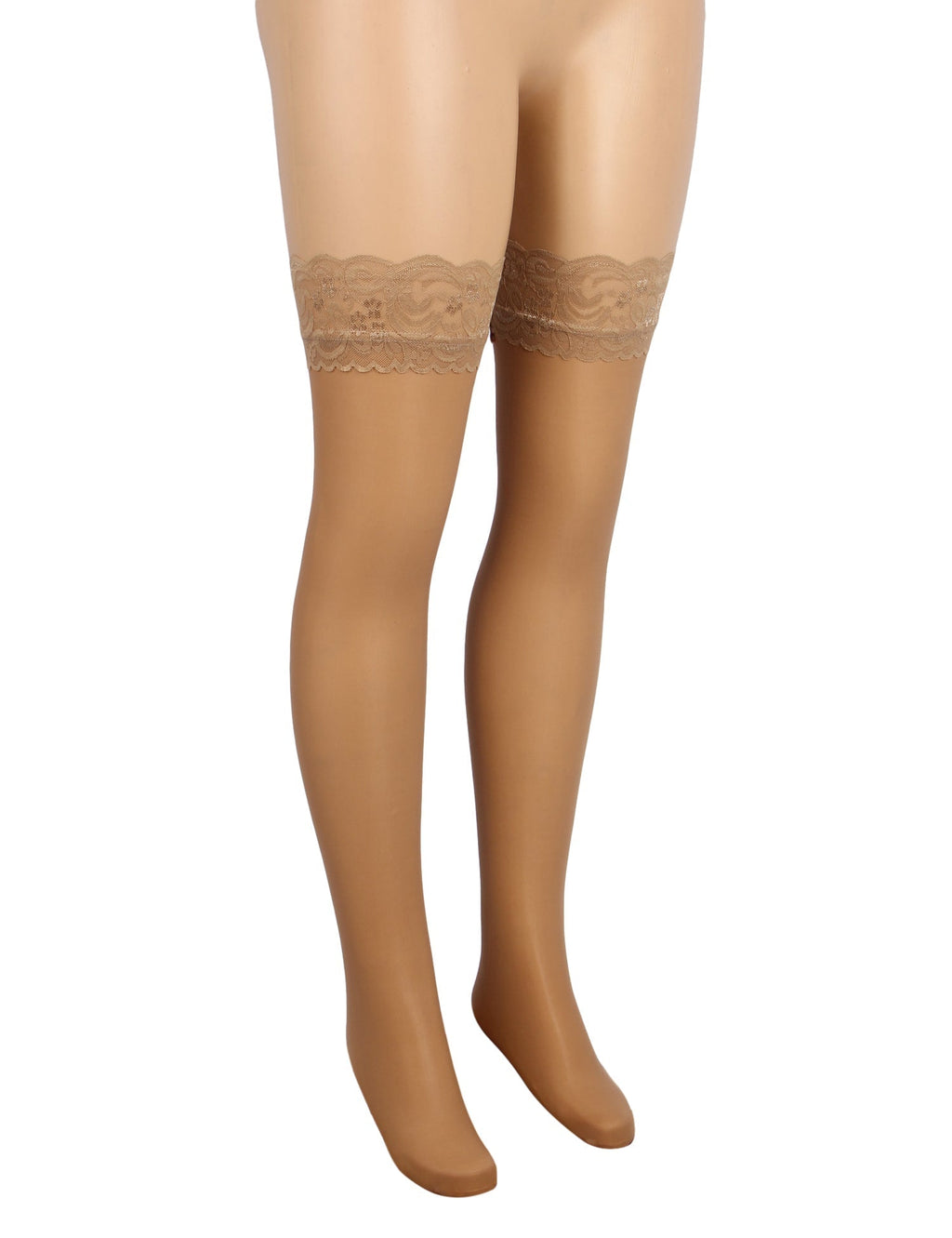 Nude Vertical - Stripe Stockings with Lace Trim & Silicone Band - TeaseFashion