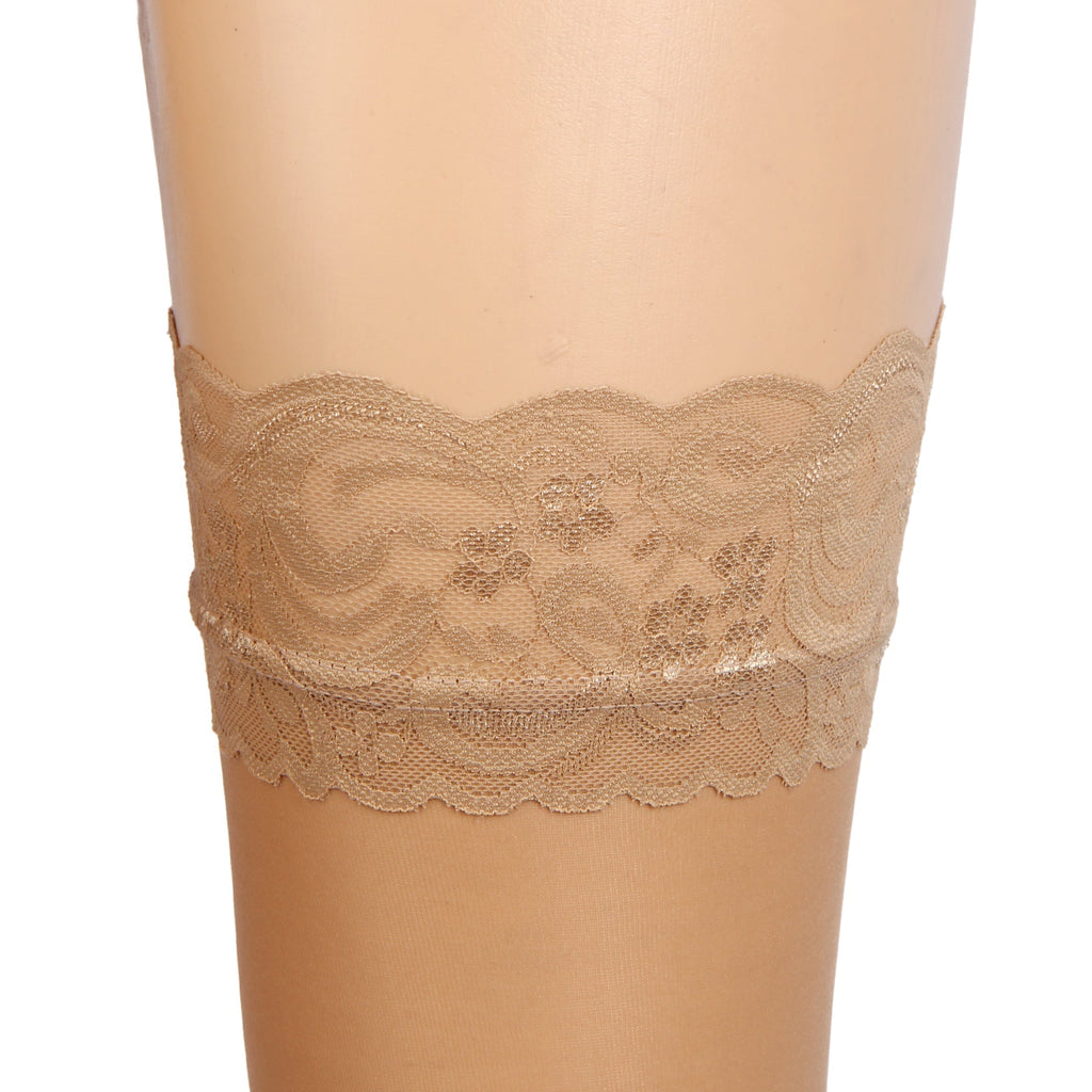 Nude Vertical - Stripe Stockings with Lace Trim & Silicone Band - TeaseFashion