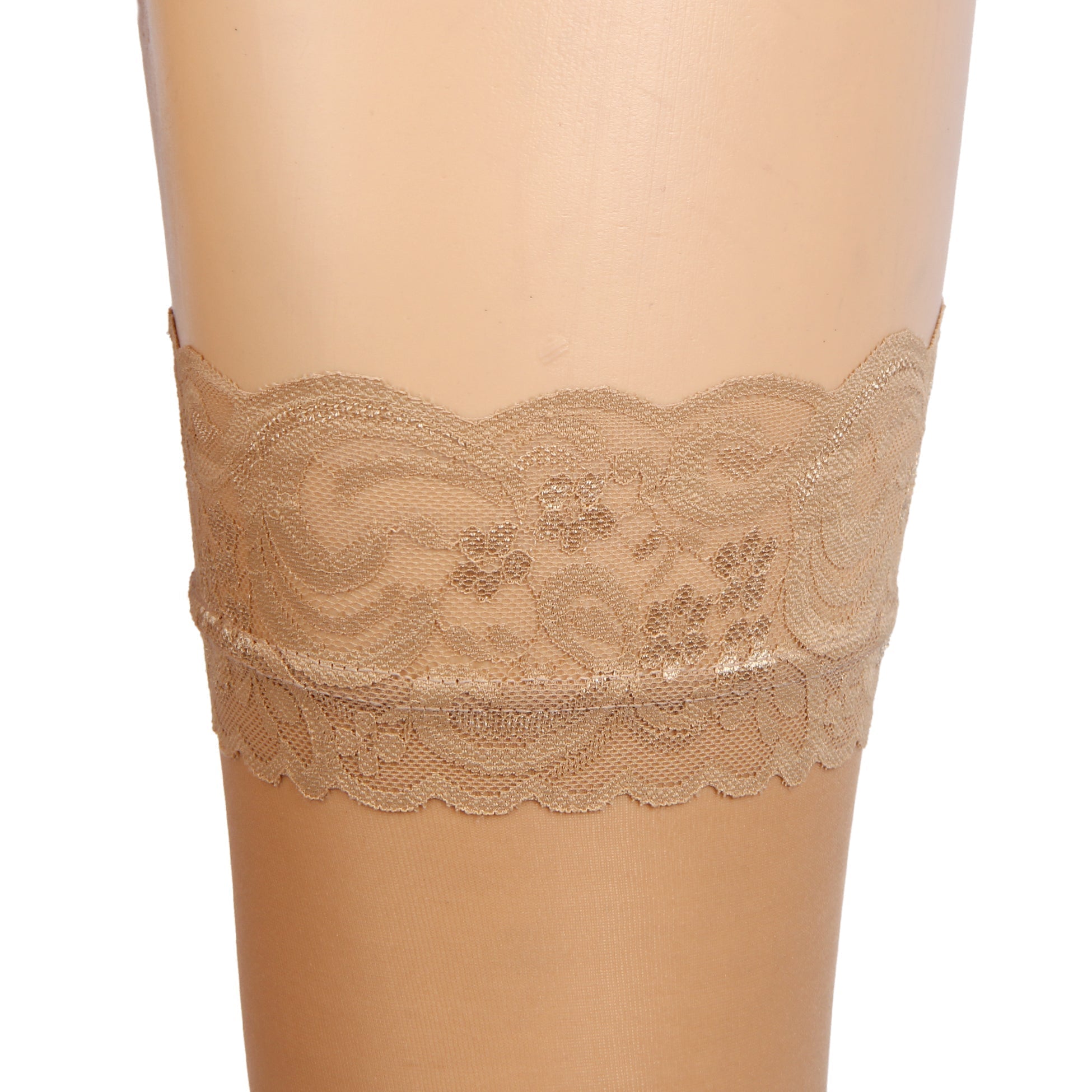 Nude Vertical - Stripe Stockings with Lace Trim & Silicone Band - TeaseFashion