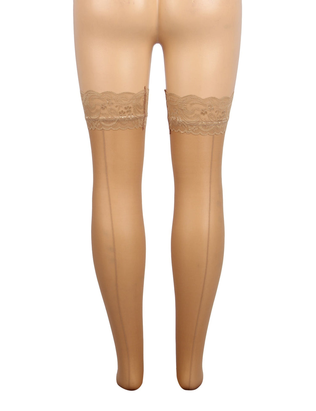 Nude Vertical - Stripe Stockings with Lace Trim & Silicone Band - TeaseFashion