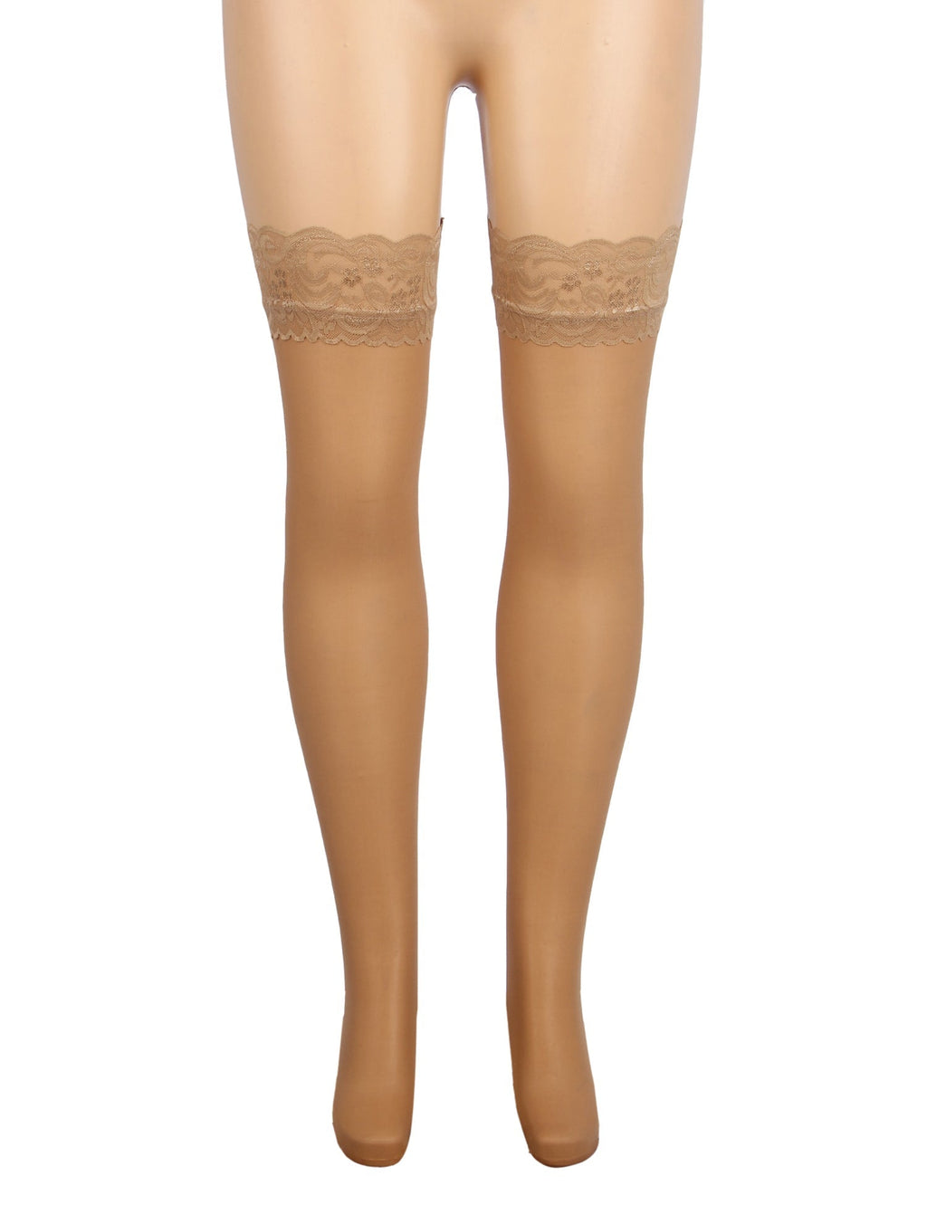 Nude Vertical - Stripe Stockings with Lace Trim & Silicone Band - TeaseFashion
