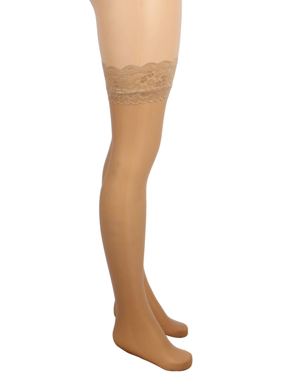 Nude Vertical - Stripe Stockings with Lace Trim & Silicone Band - TeaseFashion