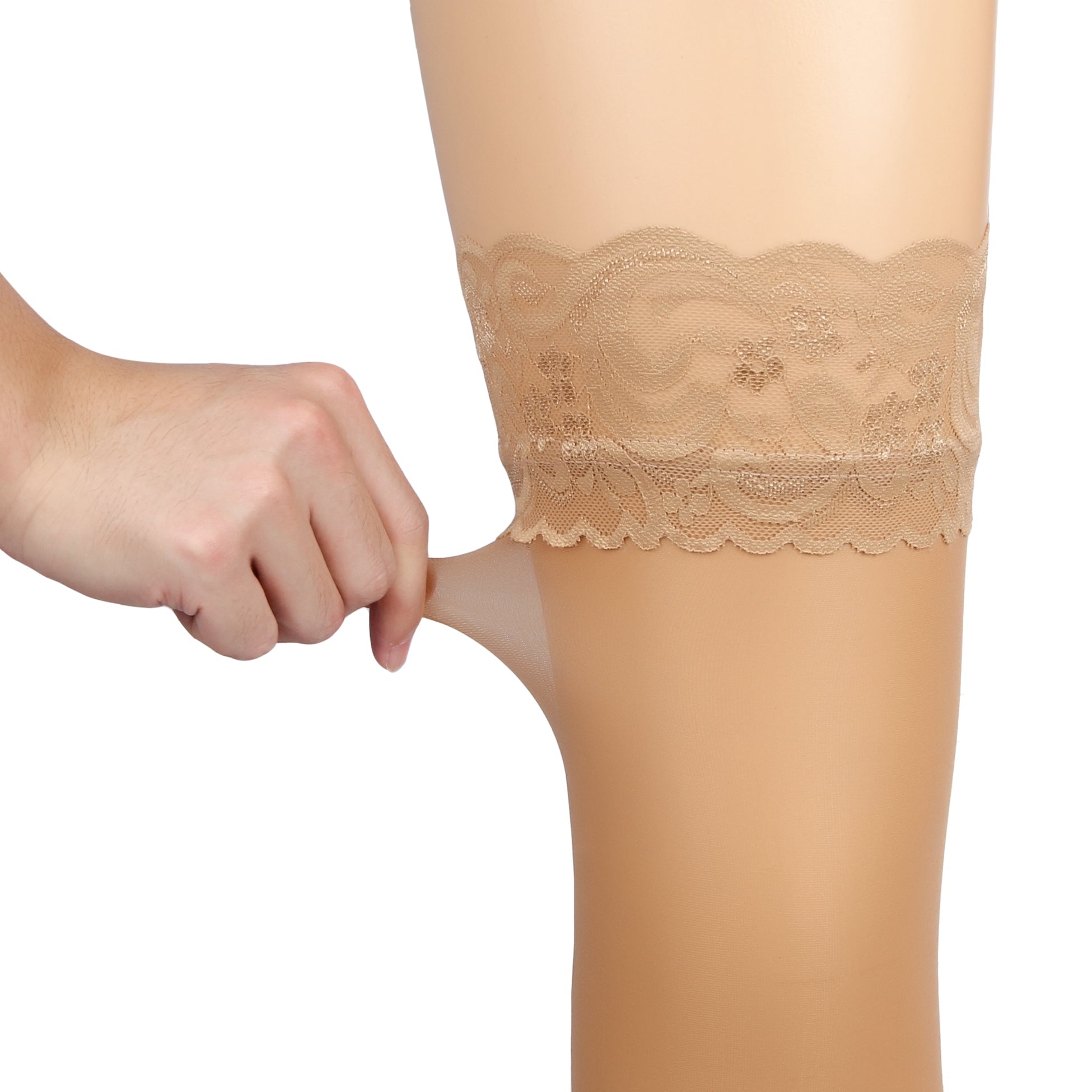 Nude Vertical - Stripe Stockings with Lace Trim & Silicone Band - TeaseFashion