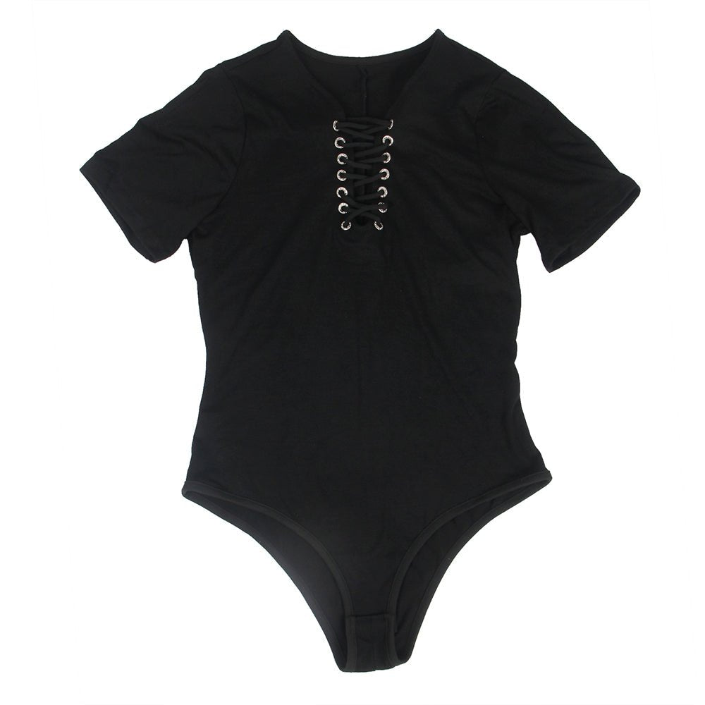 Open Crotch One - piece Short Sleeve Black Solid Color Fashion Bodysuit - TeaseFashion