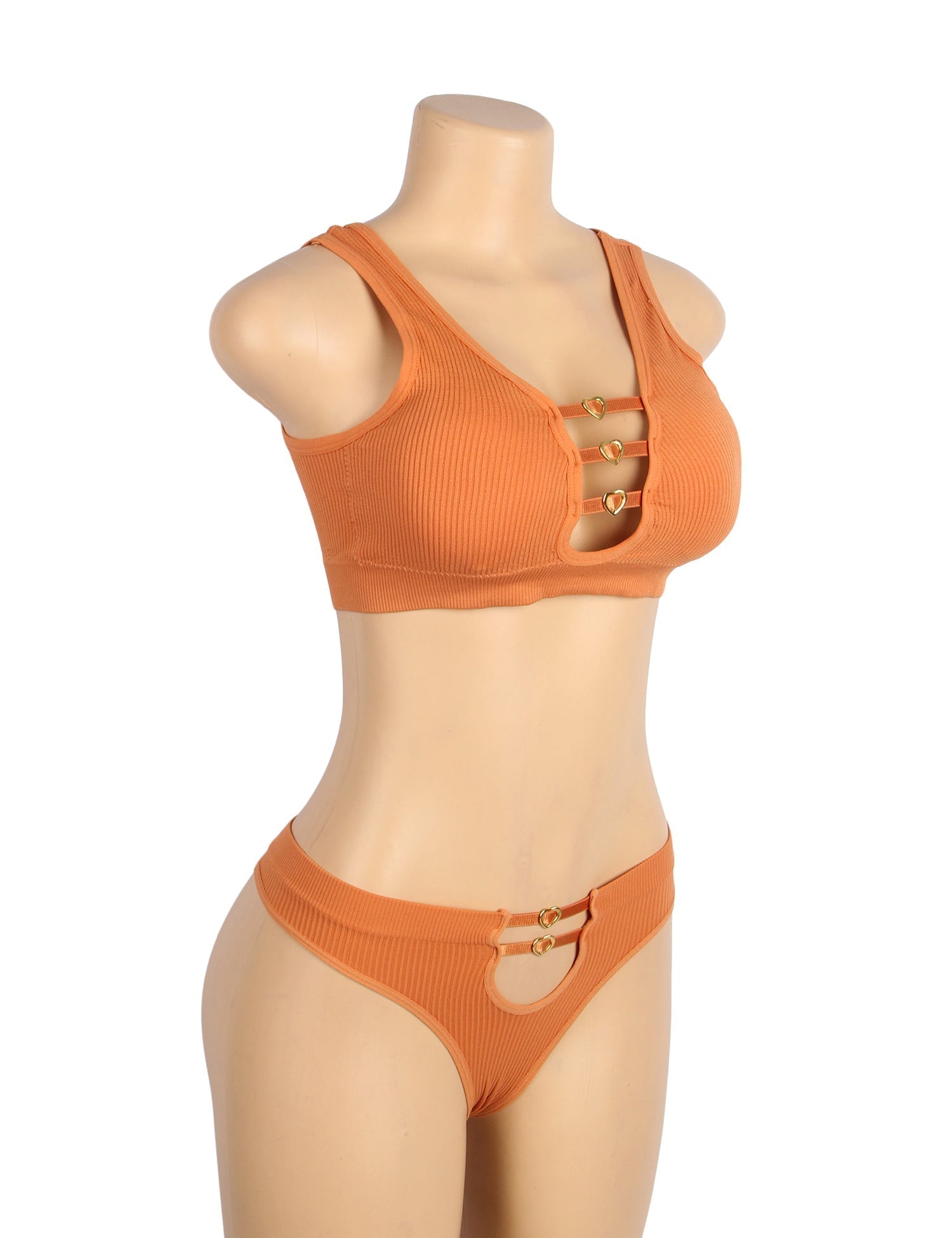 Orange Knitted Seamless Bra Set with Cut - Out & Heart Buckle - TeaseFashion