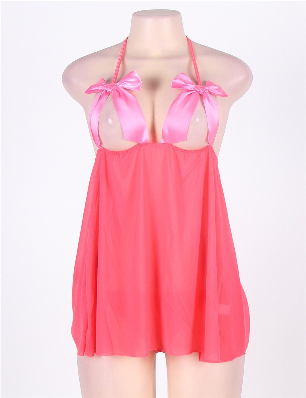 Pink Butterfly - Knot Cut - Out Mesh Halter Babydoll & Panty Set - TeaseFashion