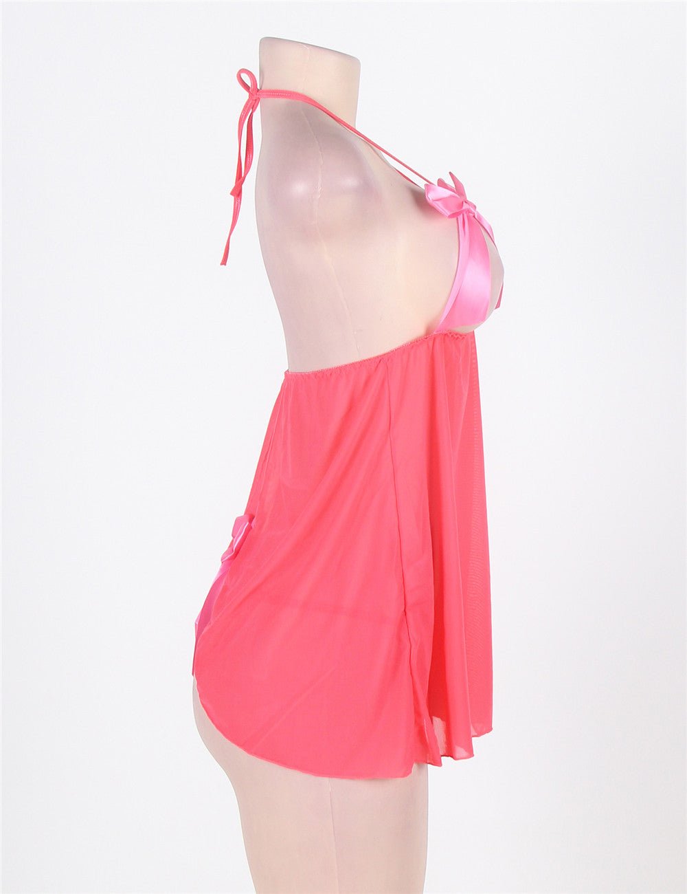 Pink Butterfly - Knot Cut - Out Mesh Halter Babydoll & Panty Set - TeaseFashion