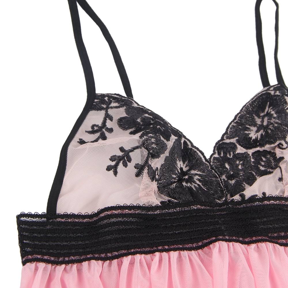 Pink Deep V - Neck Mesh Babydoll with Chest Embroidery & Striped Elastic Waistband - TeaseFashion