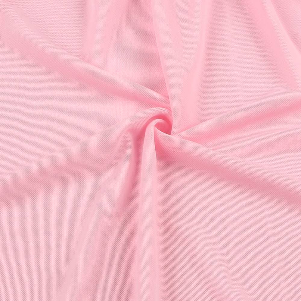 Pink Deep V - Neck Mesh Babydoll with Chest Embroidery & Striped Elastic Waistband - TeaseFashion