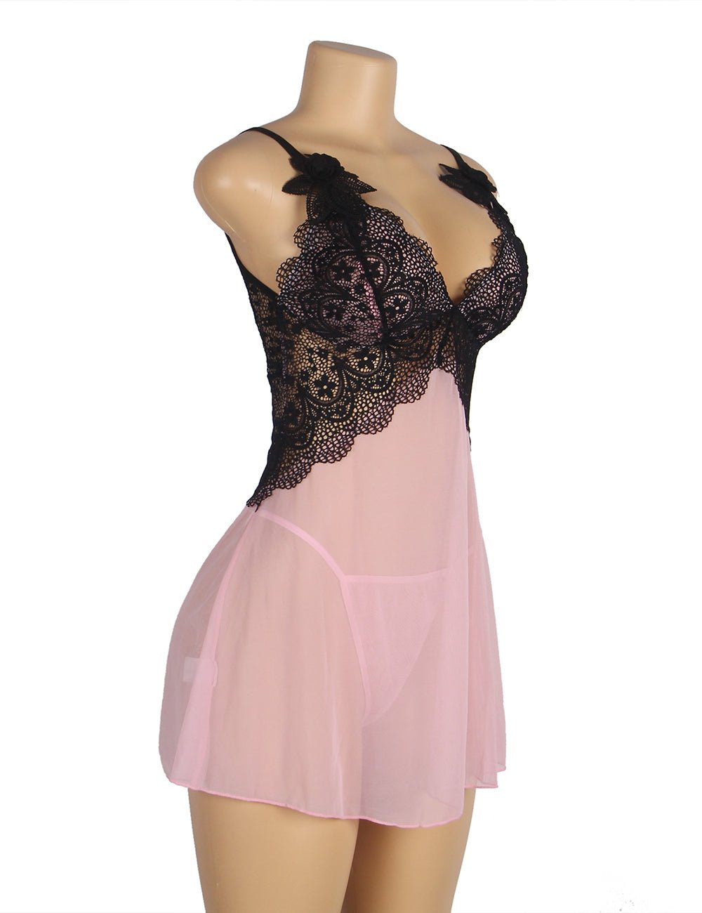 Pink Deep V - Neck Mesh Babydoll with Lace Detail, Water - Soluble Flower Straps & Thong Set - TeaseFashion