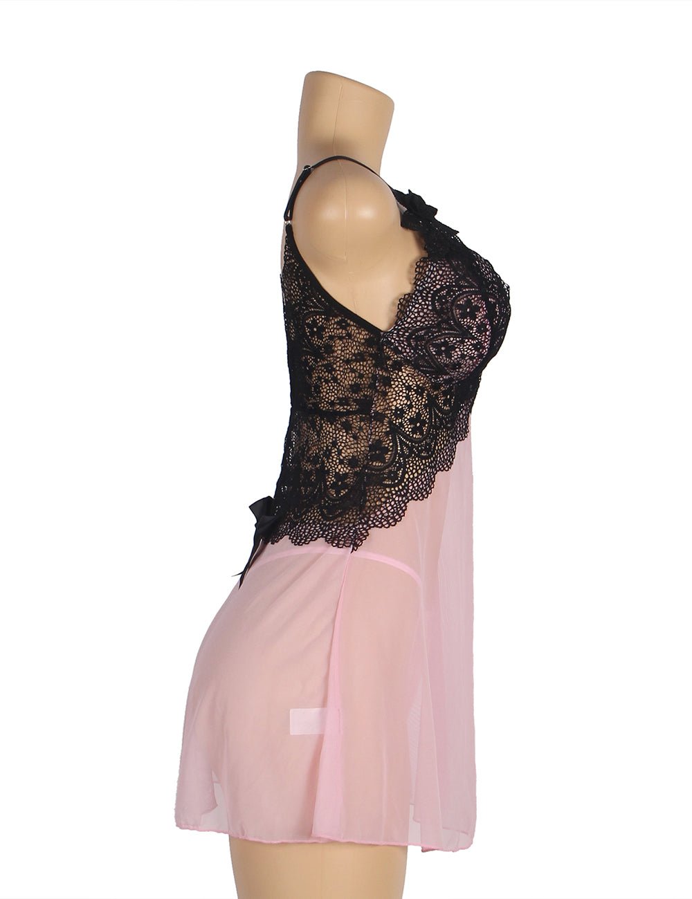 Pink Deep V - Neck Mesh Babydoll with Lace Detail, Water - Soluble Flower Straps & Thong Set - TeaseFashion