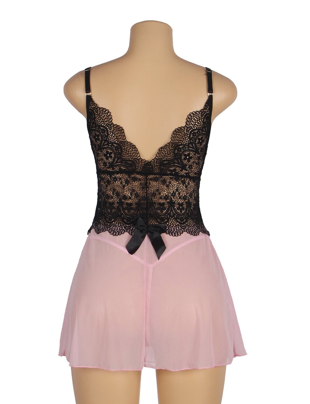Pink Deep V - Neck Mesh Babydoll with Lace Detail, Water - Soluble Flower Straps & Thong Set - TeaseFashion