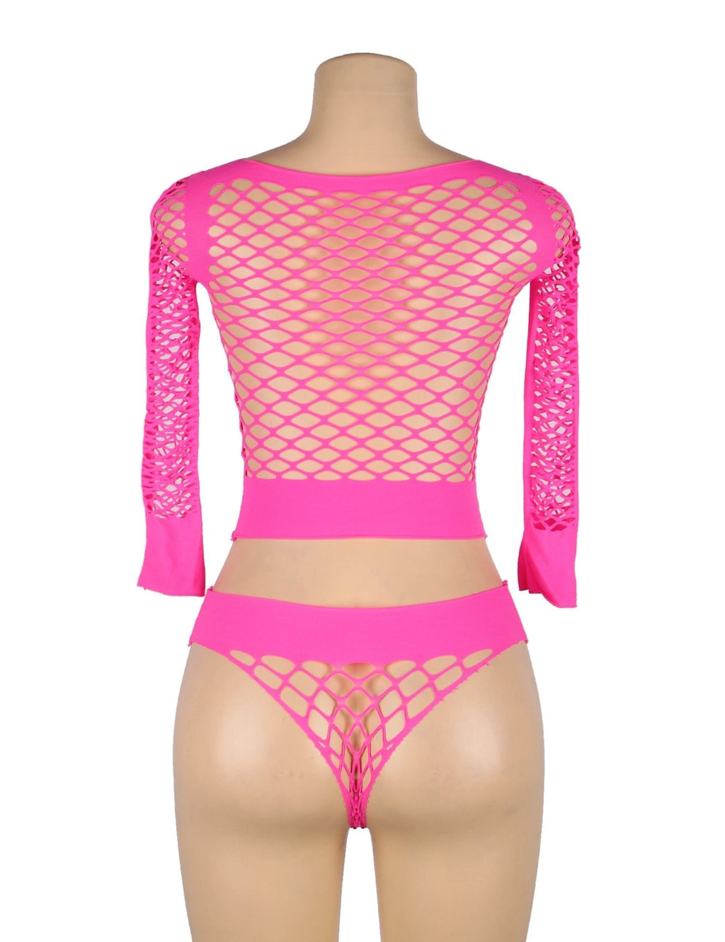 Pink Diamond Mesh Long - Sleeve Crop Top & Mid - Rise Shorts Set - TeaseFashion